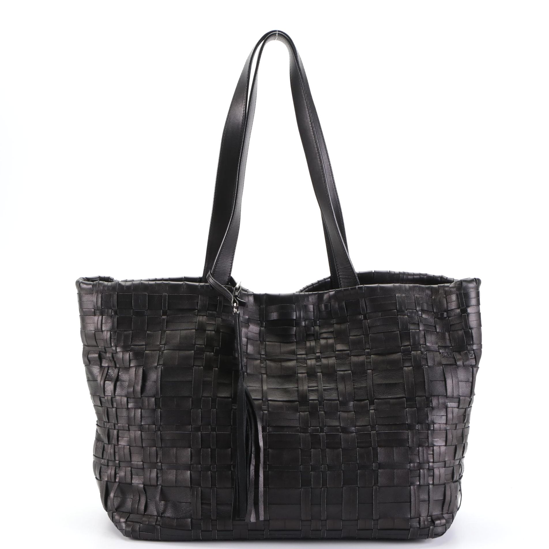 Prada Black Woven Leather Tote Bag