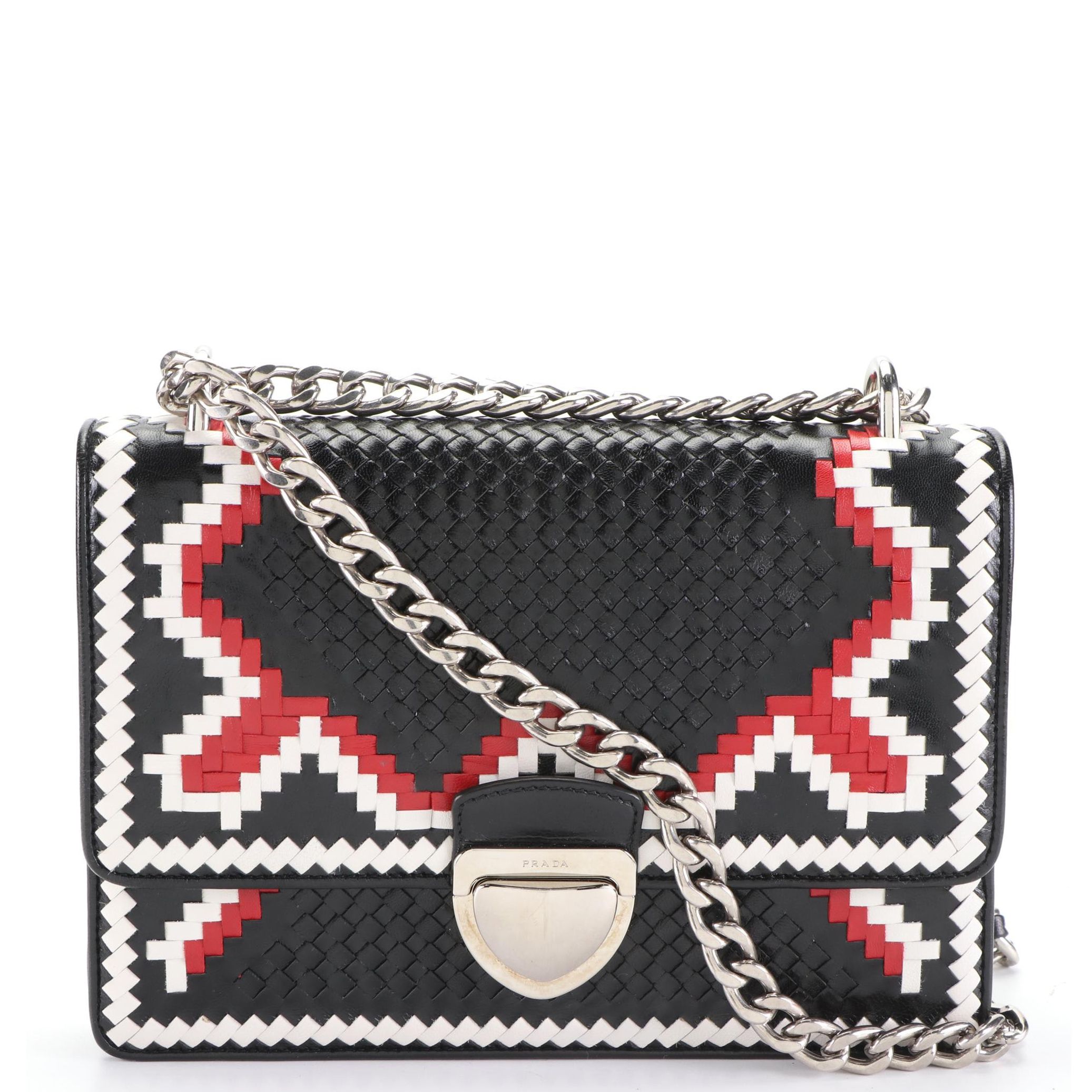Prada Woven Leather Front Flap Shoulder Bag with Chain-Link Strap