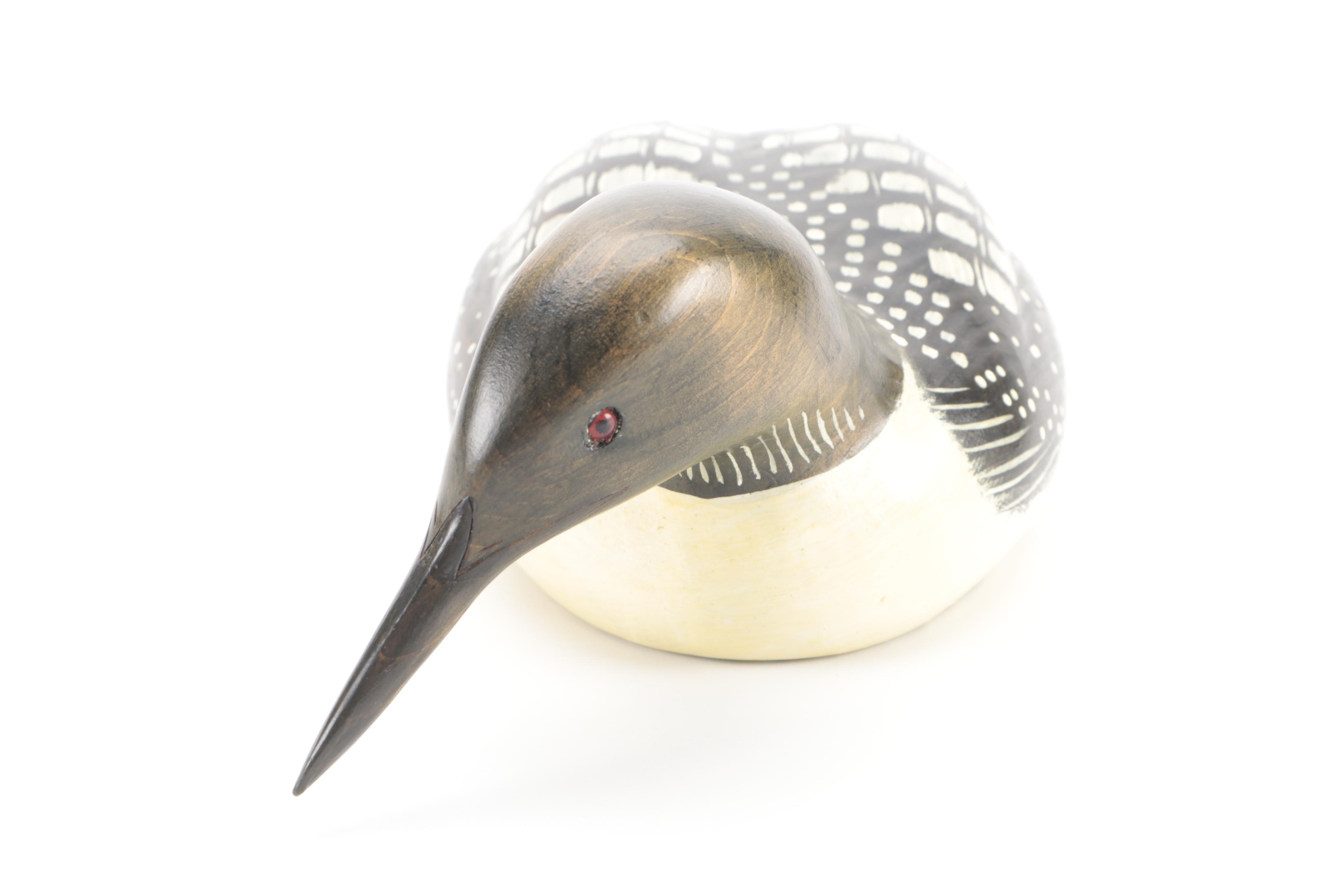 Artist Signed Hand-Painted Carved Wood Loon and Duck Decoy Figures, Late 20th C