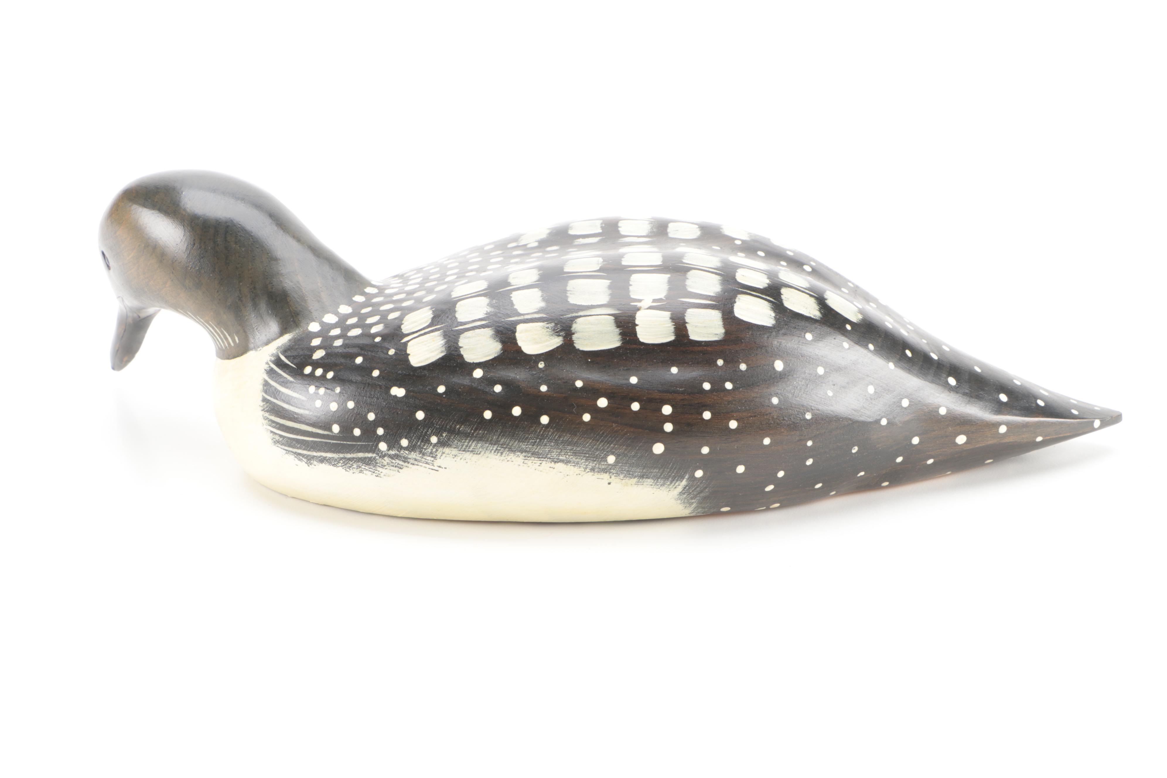 Artist Signed Hand-Painted Carved Wood Loon and Duck Decoy Figures, Late 20th C