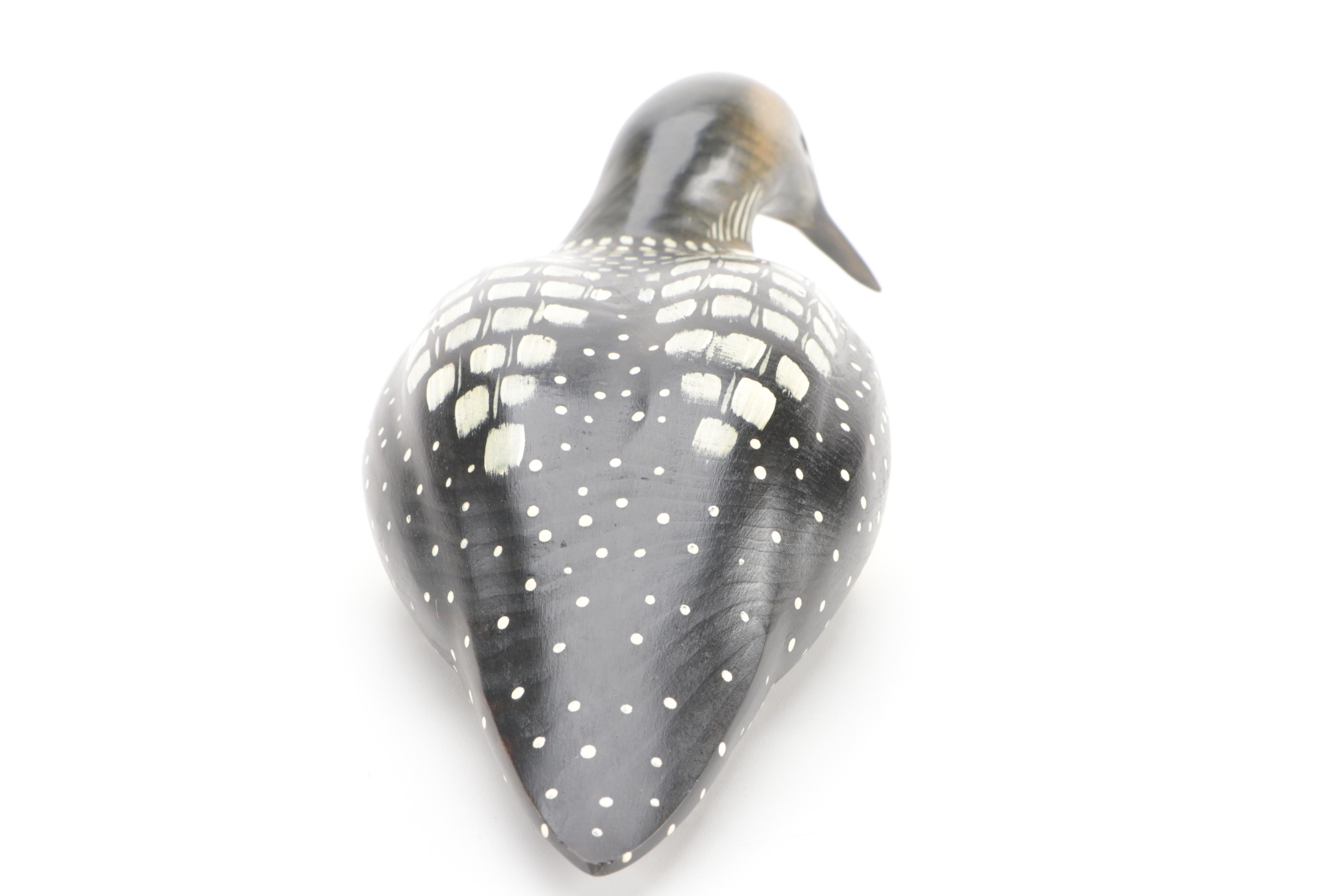 Artist Signed Hand-Painted Carved Wood Loon and Duck Decoy Figures, Late 20th C