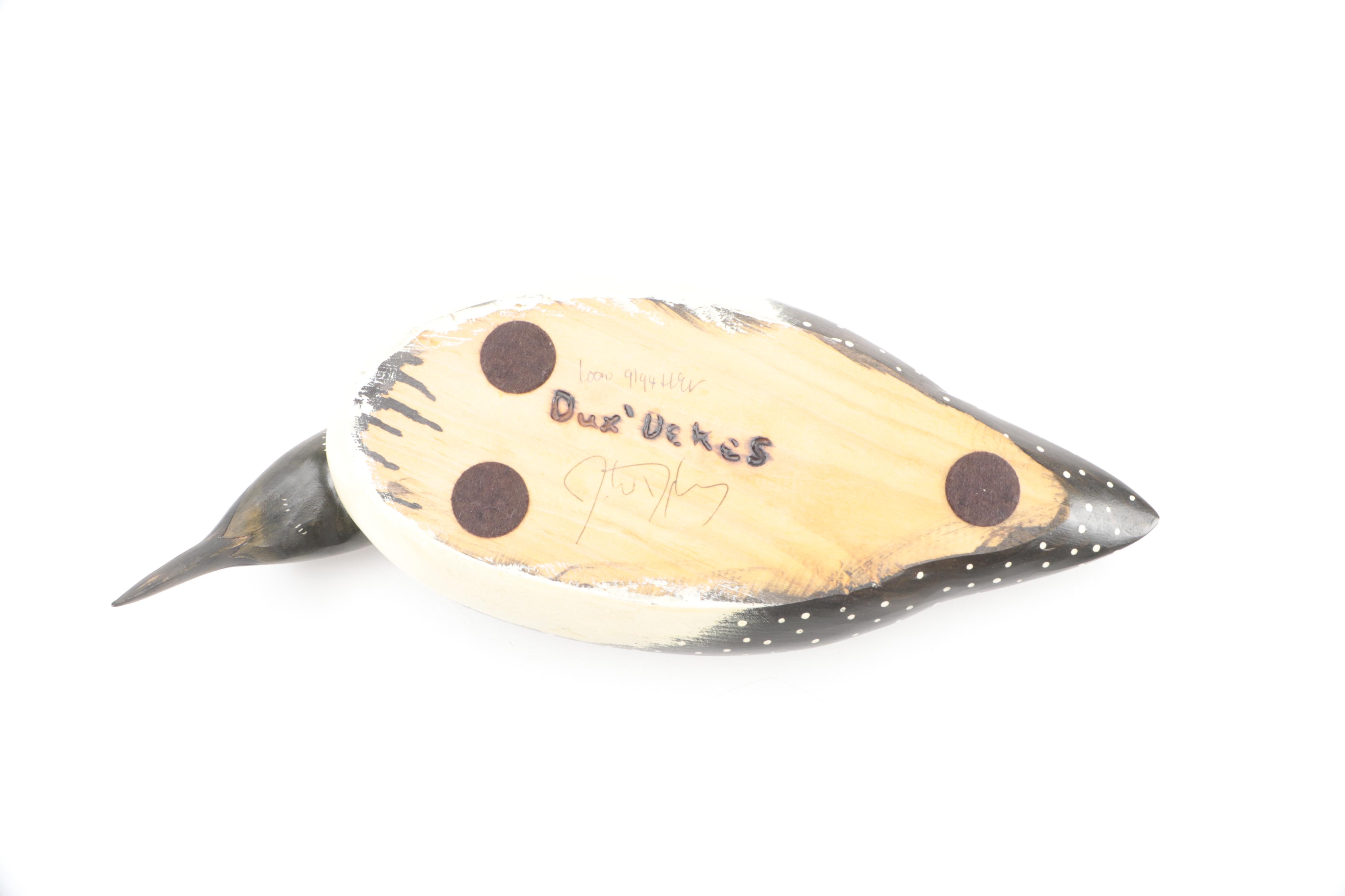 Artist Signed Hand-Painted Carved Wood Loon and Duck Decoy Figures, Late 20th C