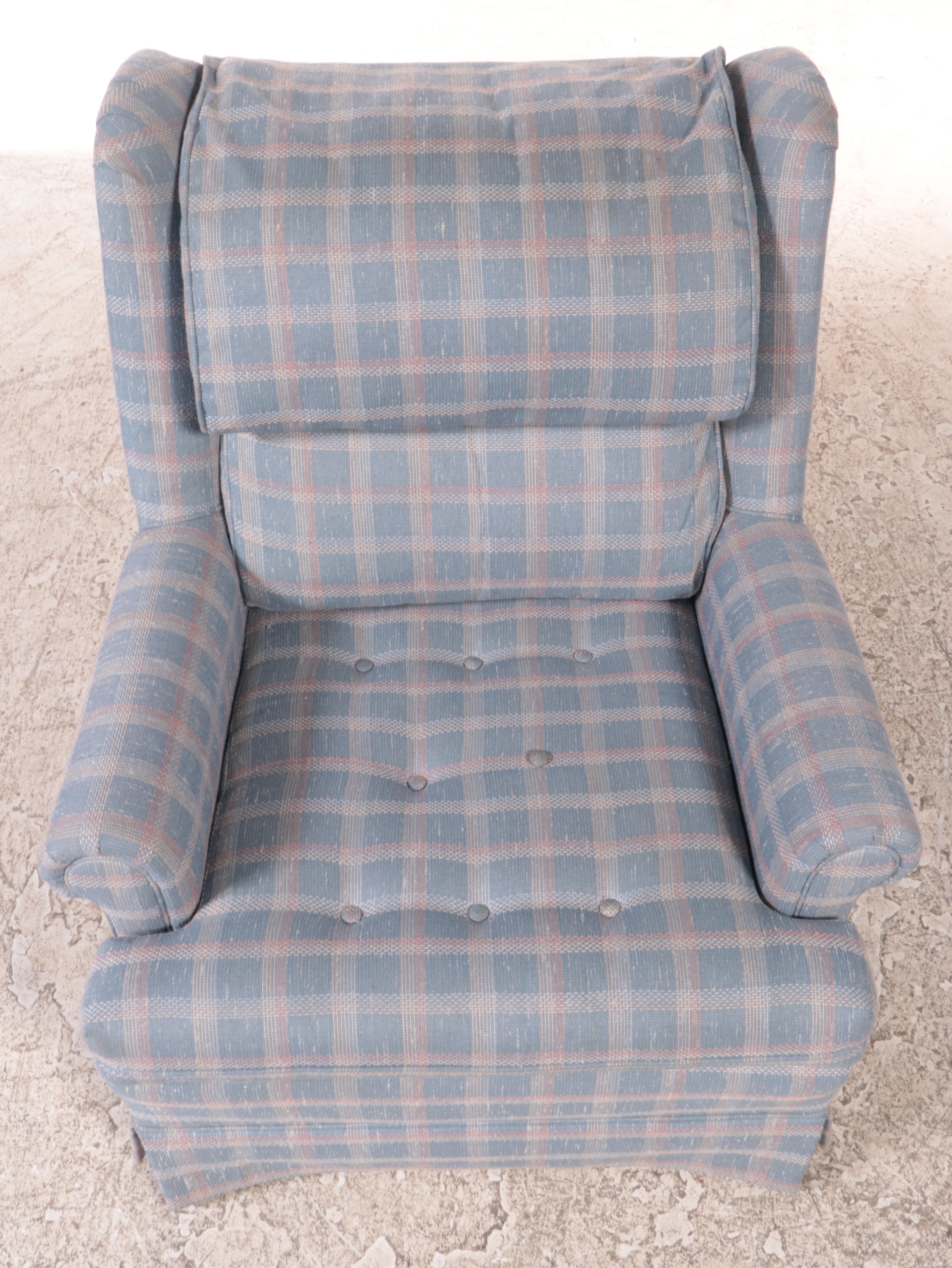 Ethan Allen Plaid Upholstered Wing-Back Lounge Chair