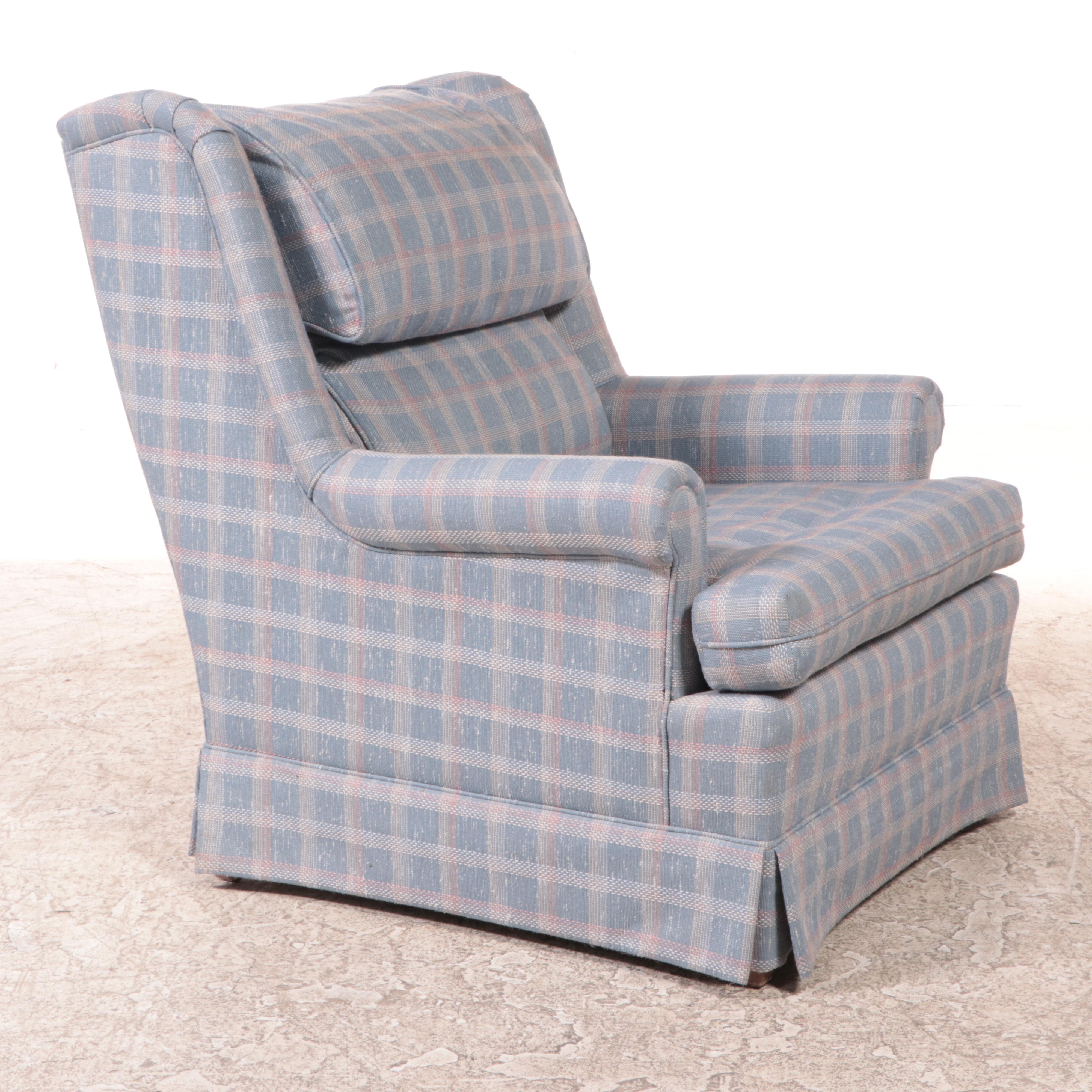 Ethan Allen Plaid Upholstered Wing-Back Lounge Chair