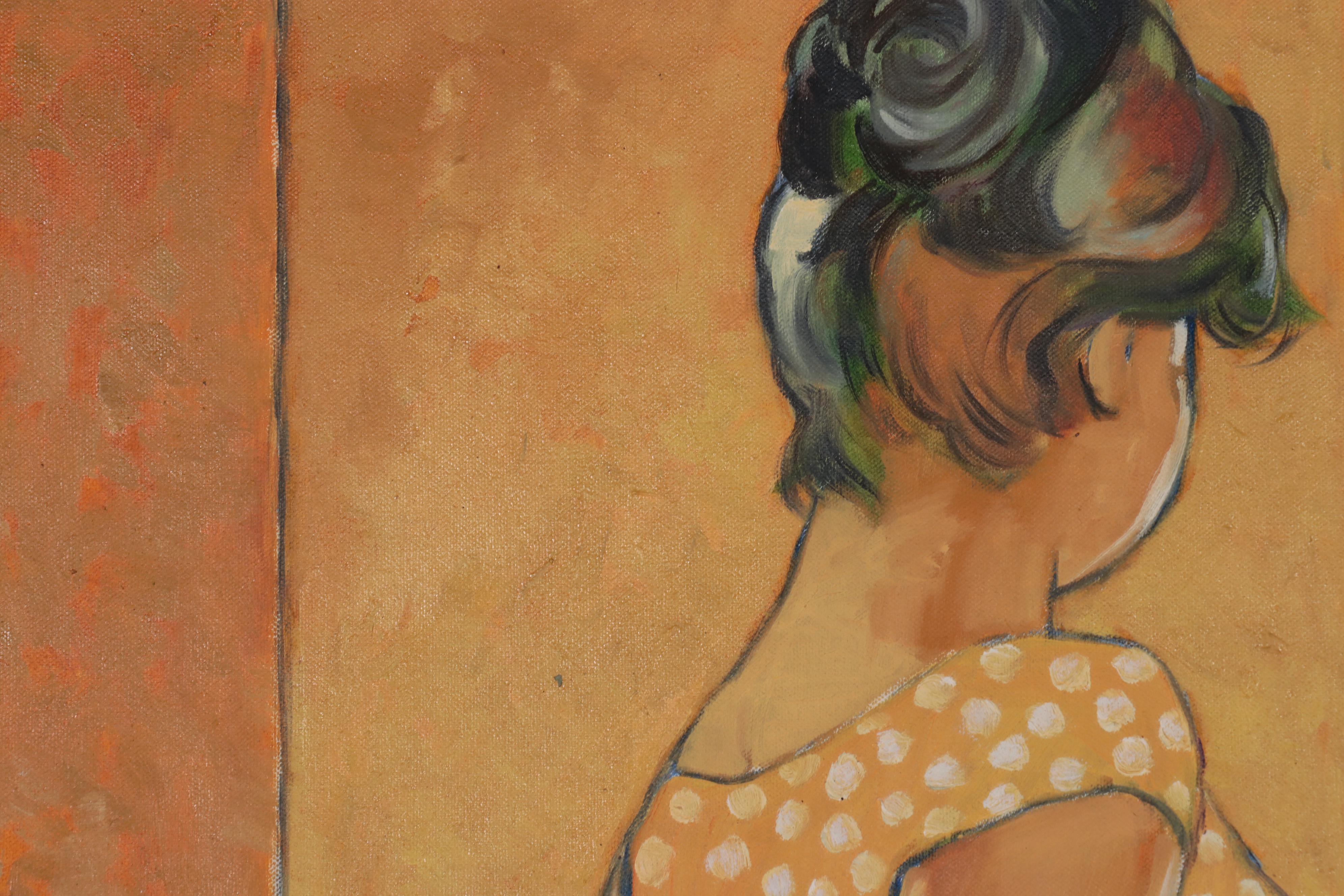 Oil Painting of Figure Looking Out Door