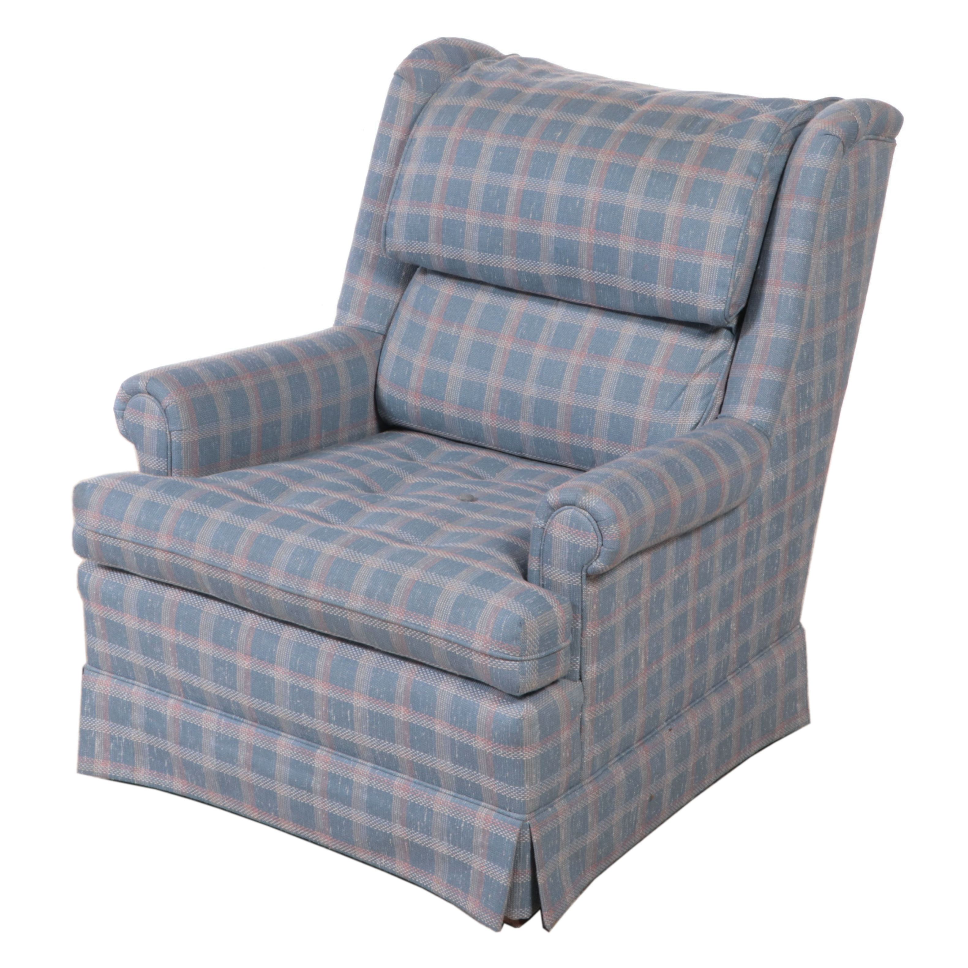 Ethan Allen Plaid Upholstered Wing-Back Lounge Chair