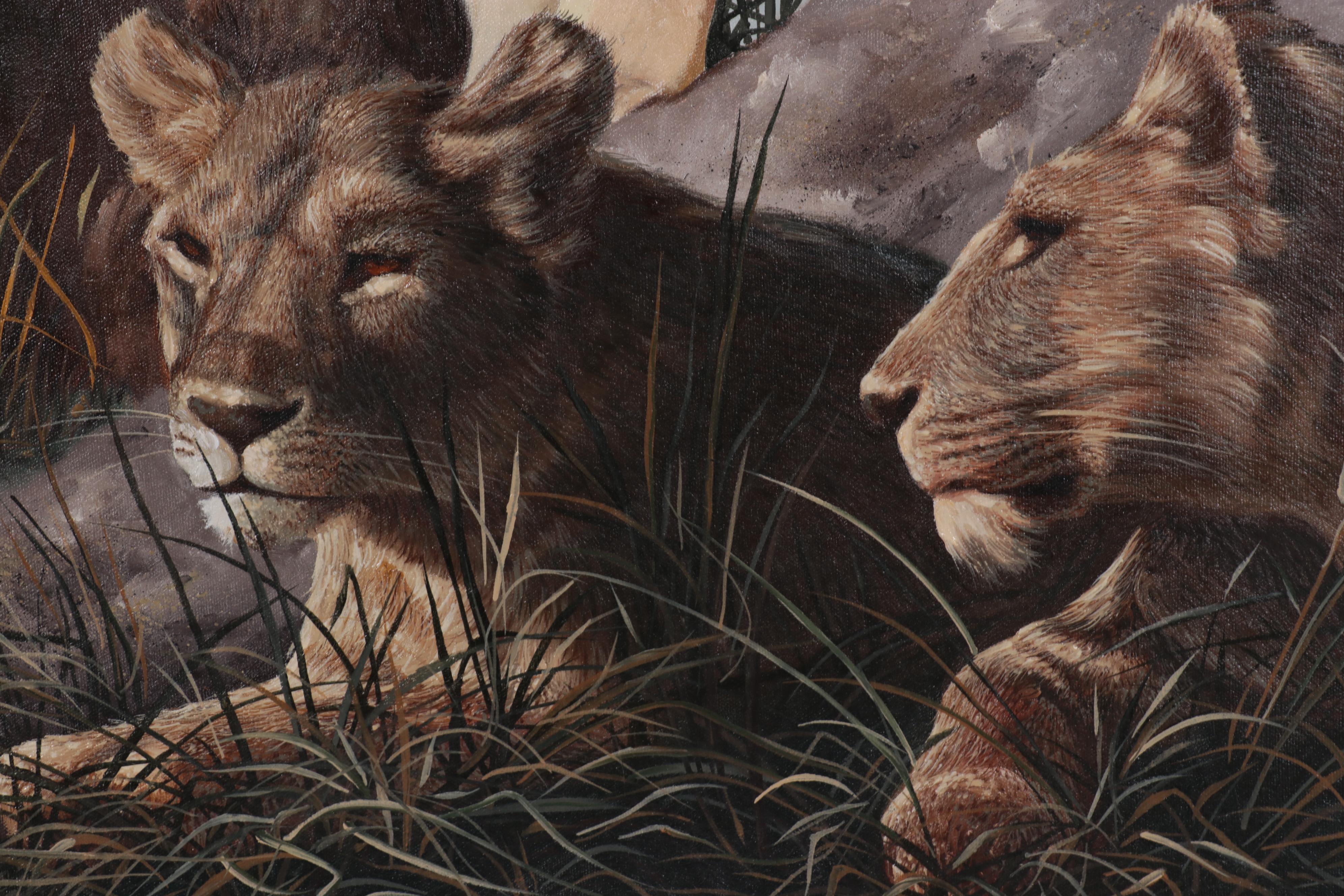 Donald Rust Oil Painting of Lions, 1992