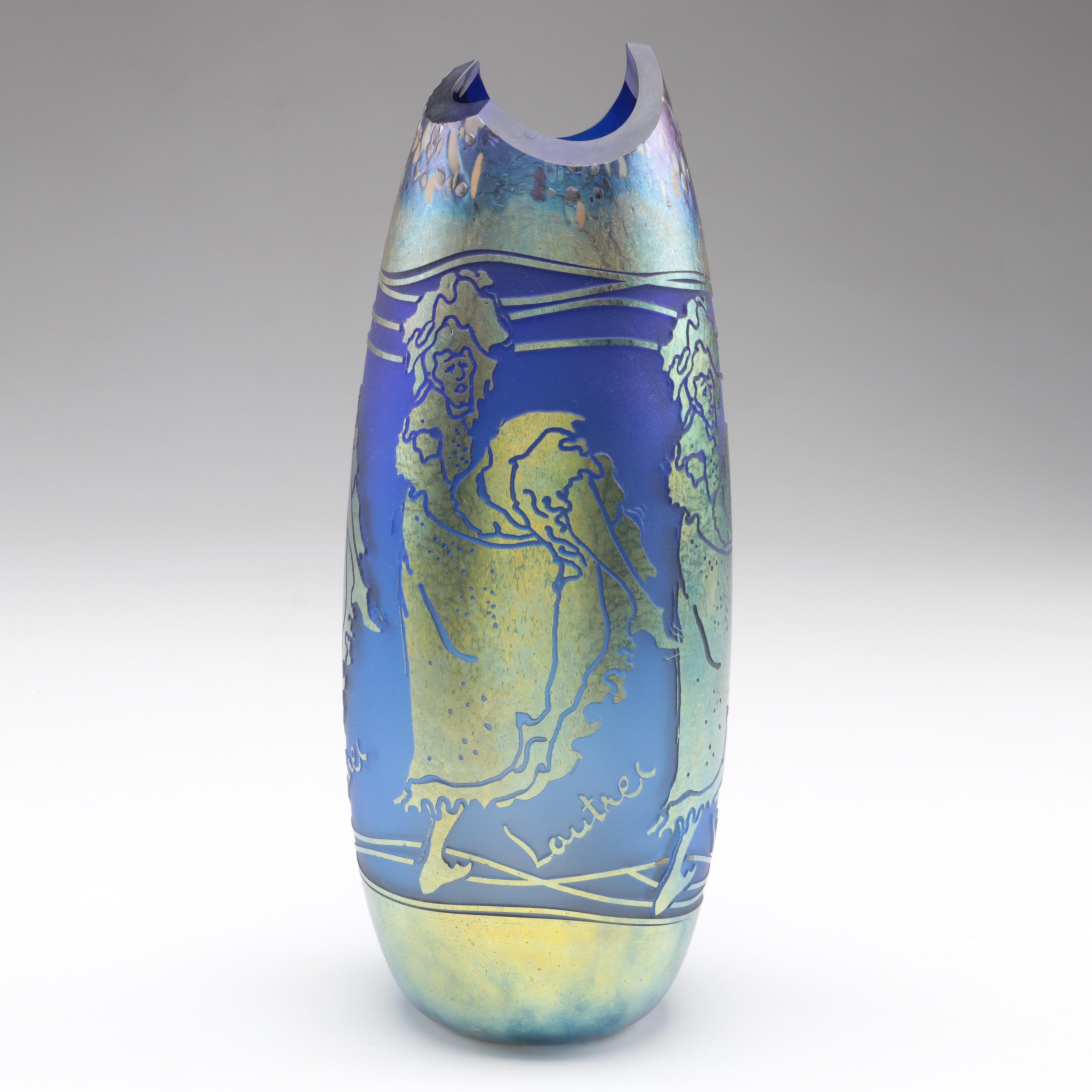 William Brioni Fellerman "Lautrec" Iridescent Sandblasted Figural Art Glass Vase