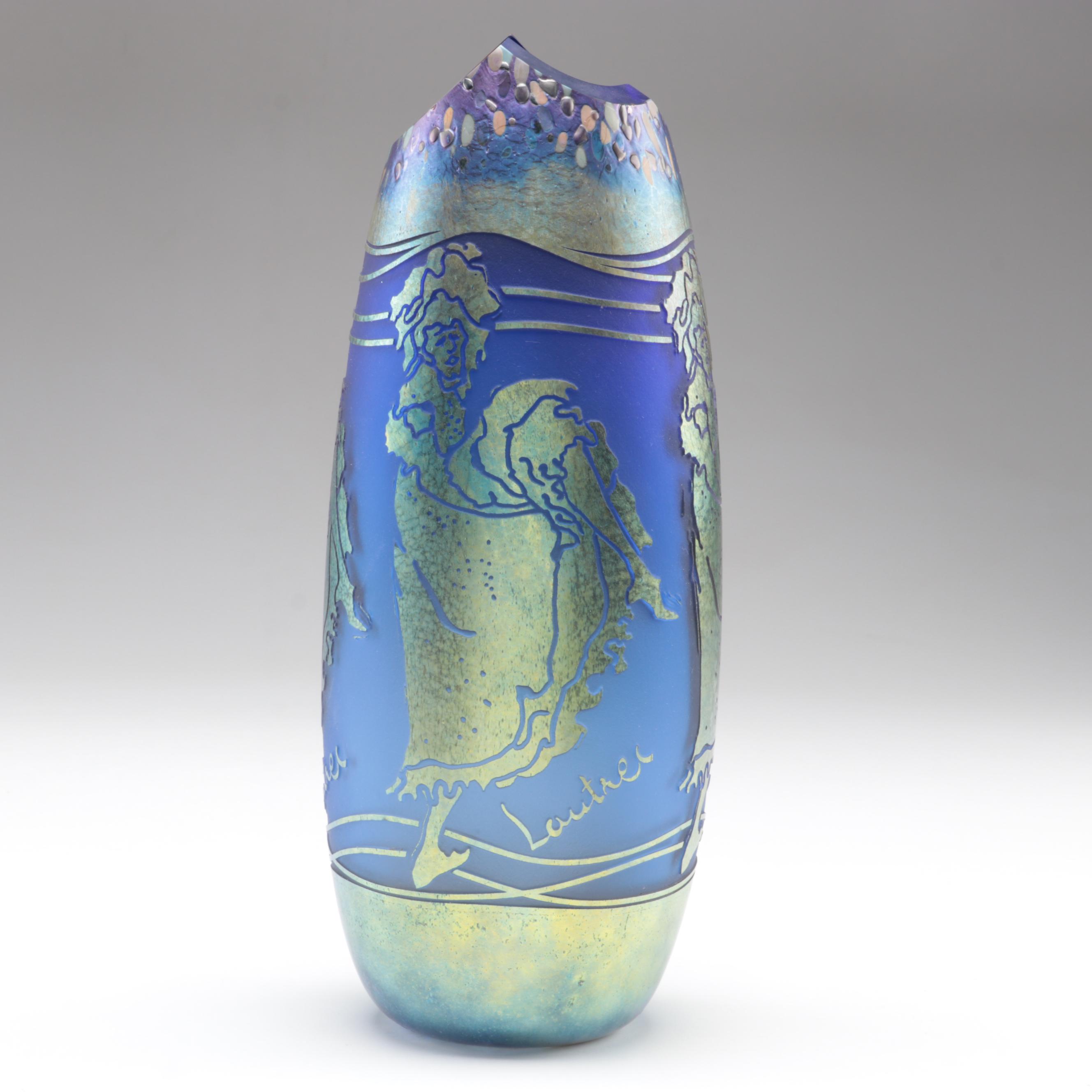 William Brioni Fellerman "Lautrec" Iridescent Sandblasted Figural Art Glass Vase