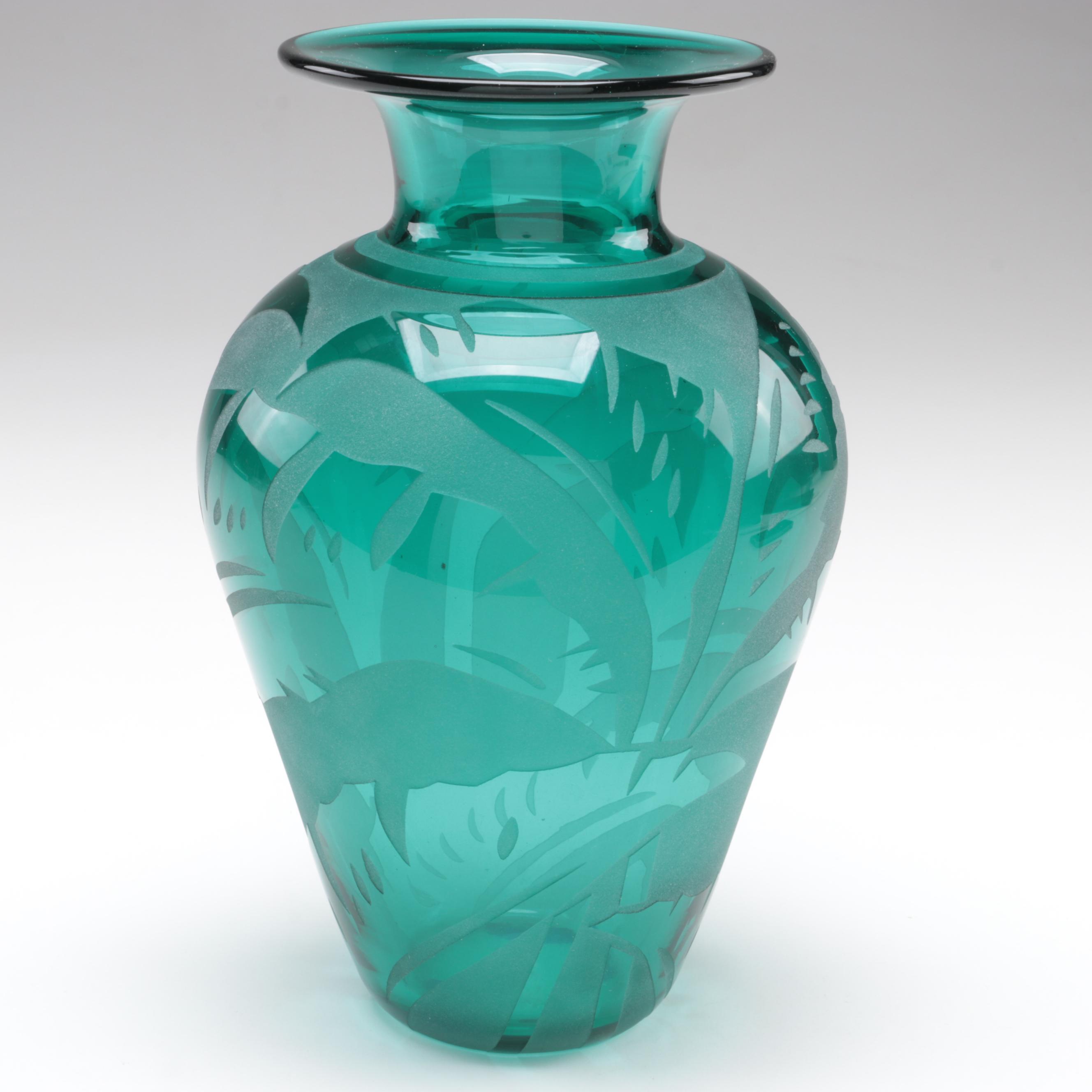 Correia Blown with Sandblasted Foliate Design Aqua Studio Art Glass Vase, 1992