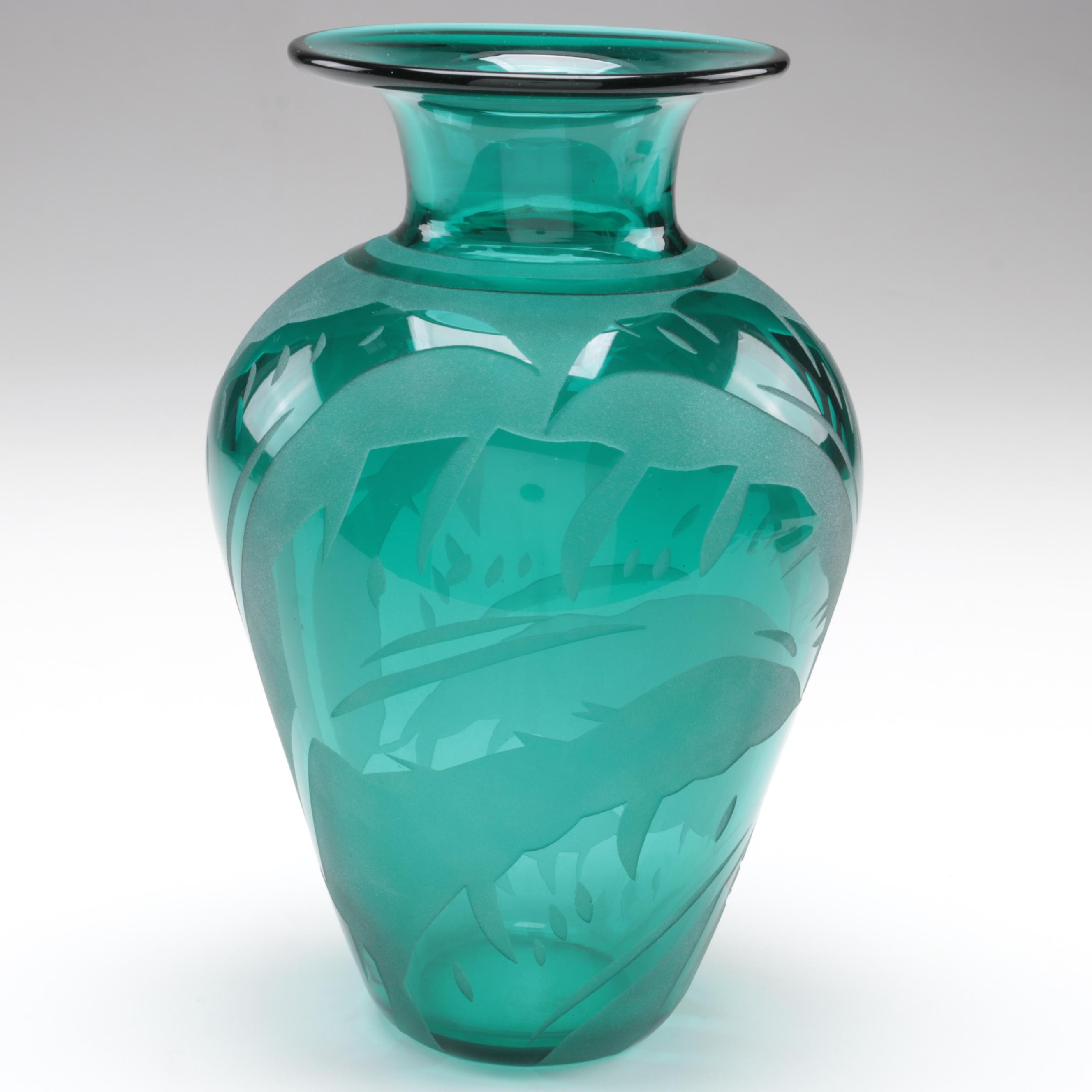 Correia Blown with Sandblasted Foliate Design Aqua Studio Art Glass Vase, 1992