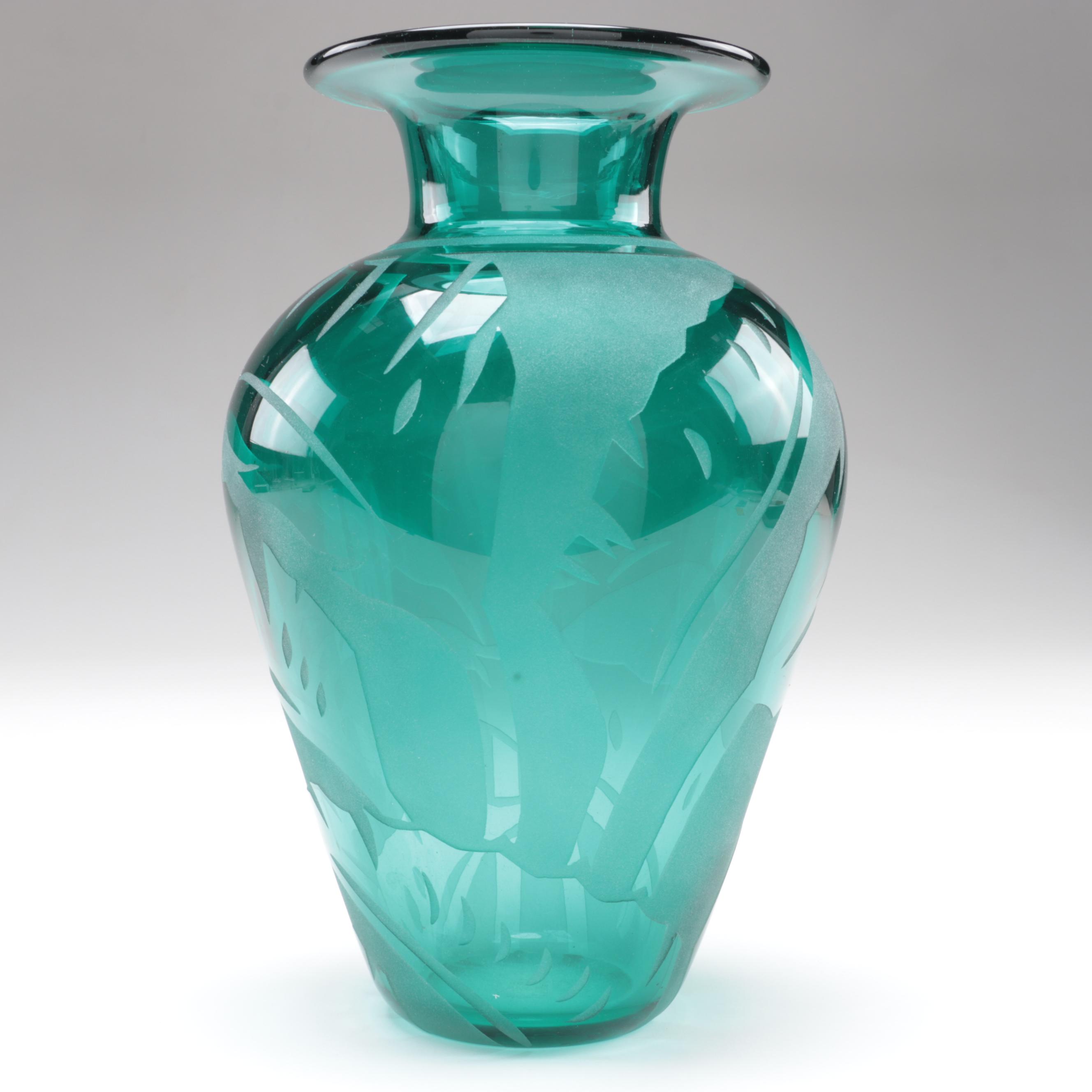Correia Blown with Sandblasted Foliate Design Aqua Studio Art Glass Vase, 1992