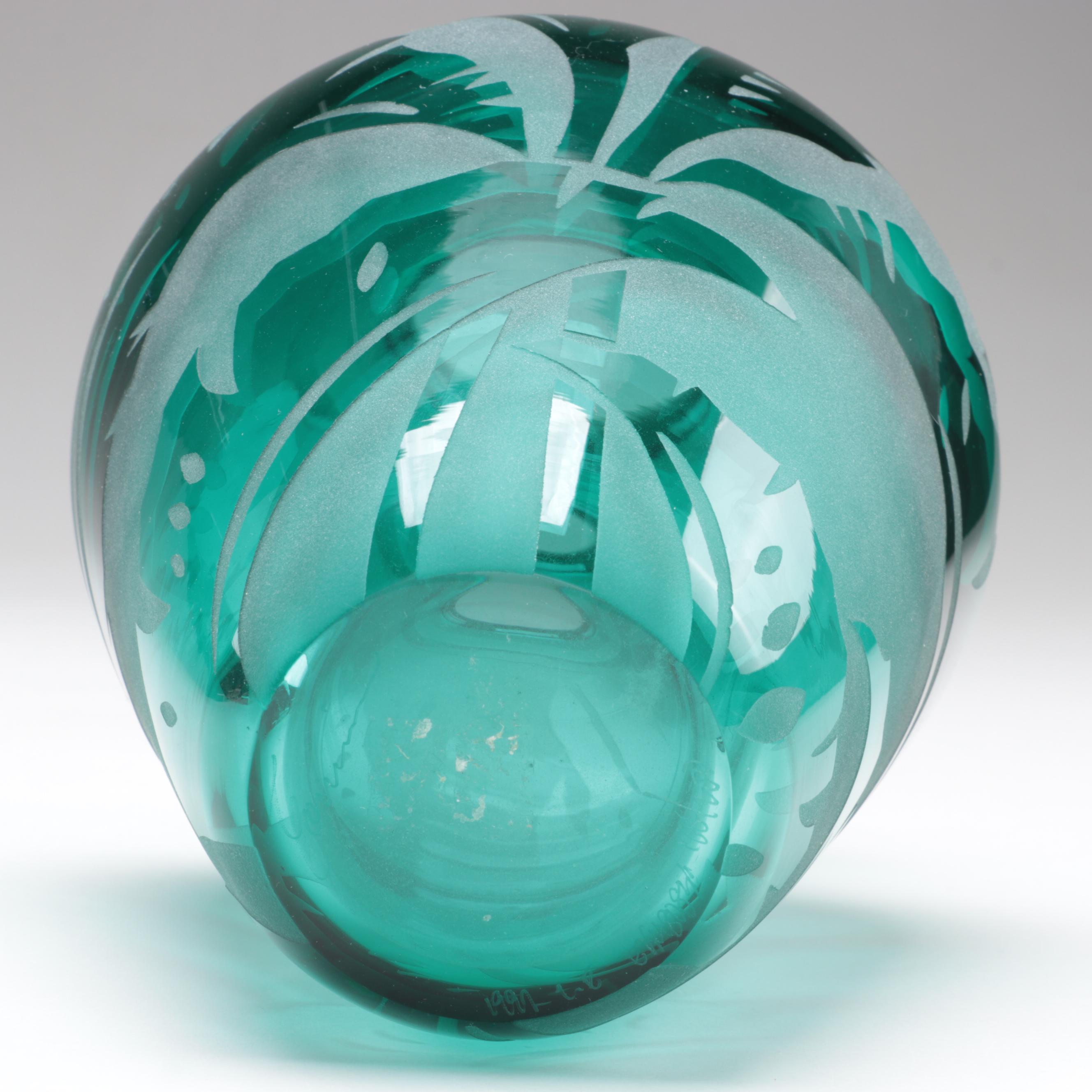 Correia Blown with Sandblasted Foliate Design Aqua Studio Art Glass Vase, 1992