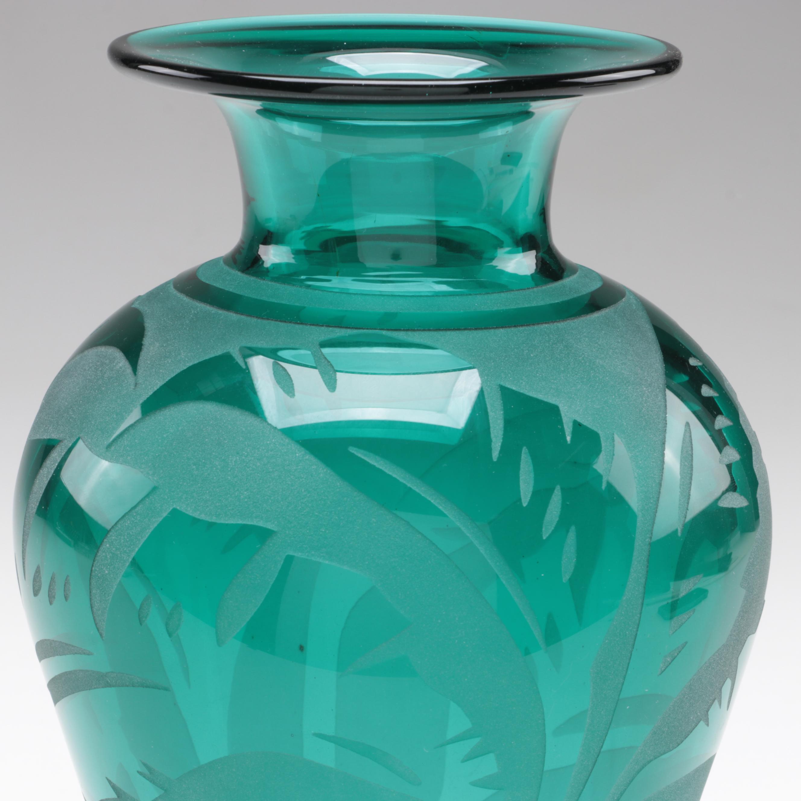 Correia Blown with Sandblasted Foliate Design Aqua Studio Art Glass Vase, 1992