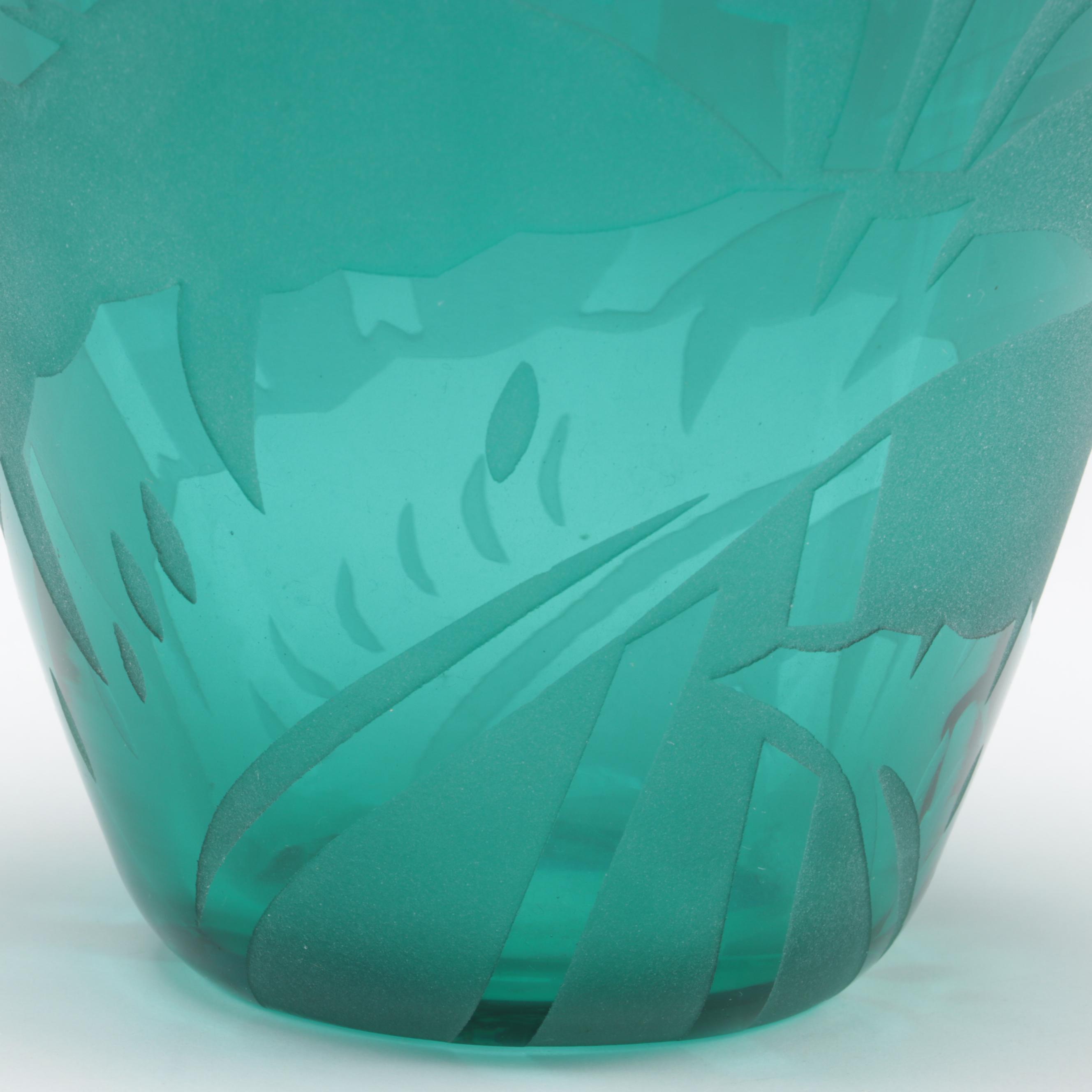 Correia Blown with Sandblasted Foliate Design Aqua Studio Art Glass Vase, 1992