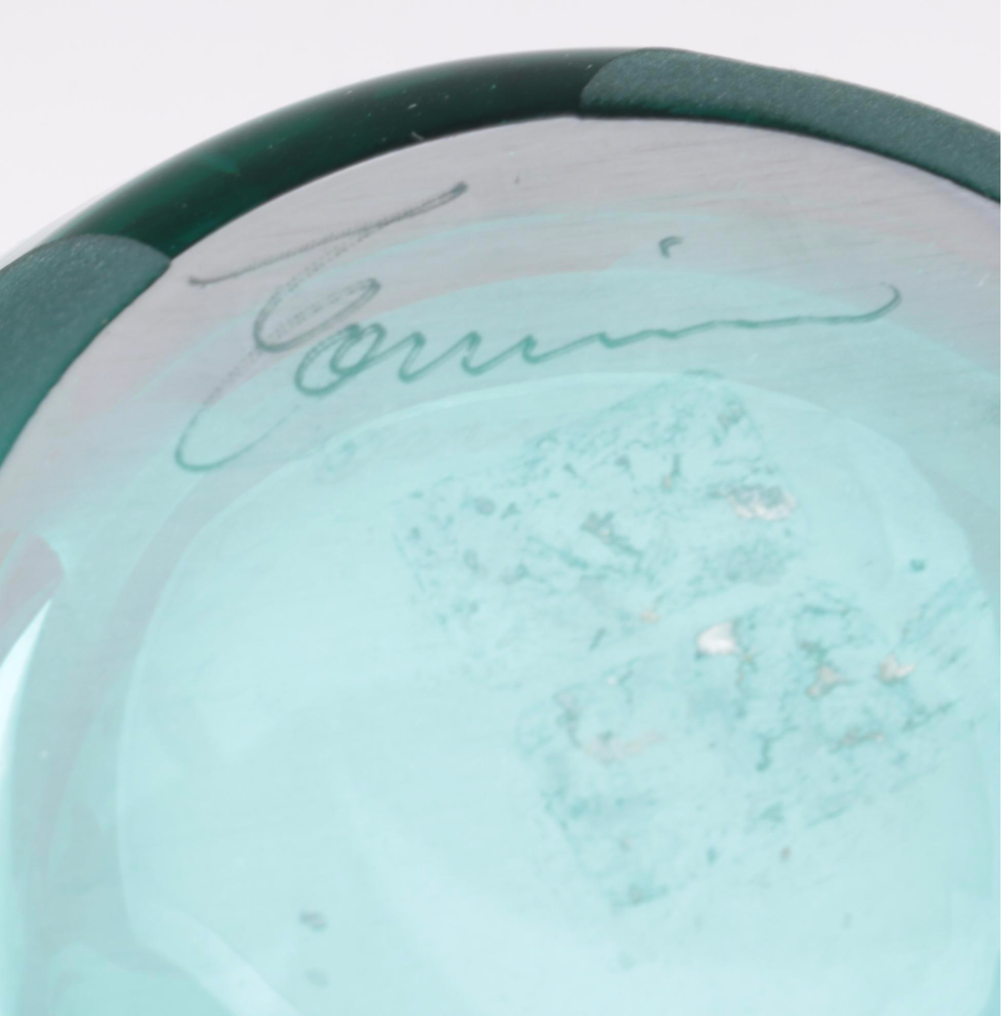 Correia Blown with Sandblasted Foliate Design Aqua Studio Art Glass Vase, 1992