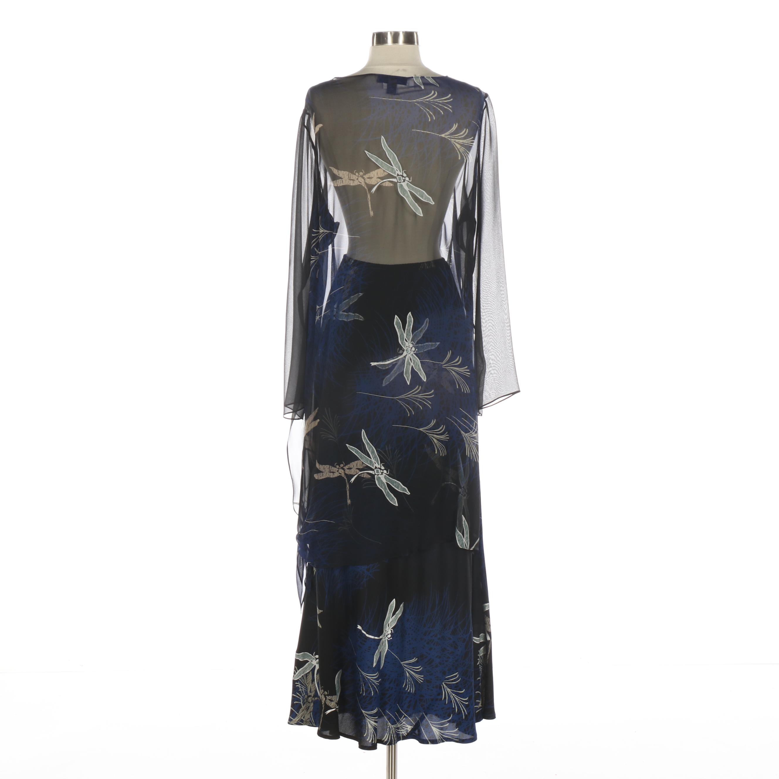 Harari Sheer Silk Two-Piece Skirt Set in Dragonfly Print