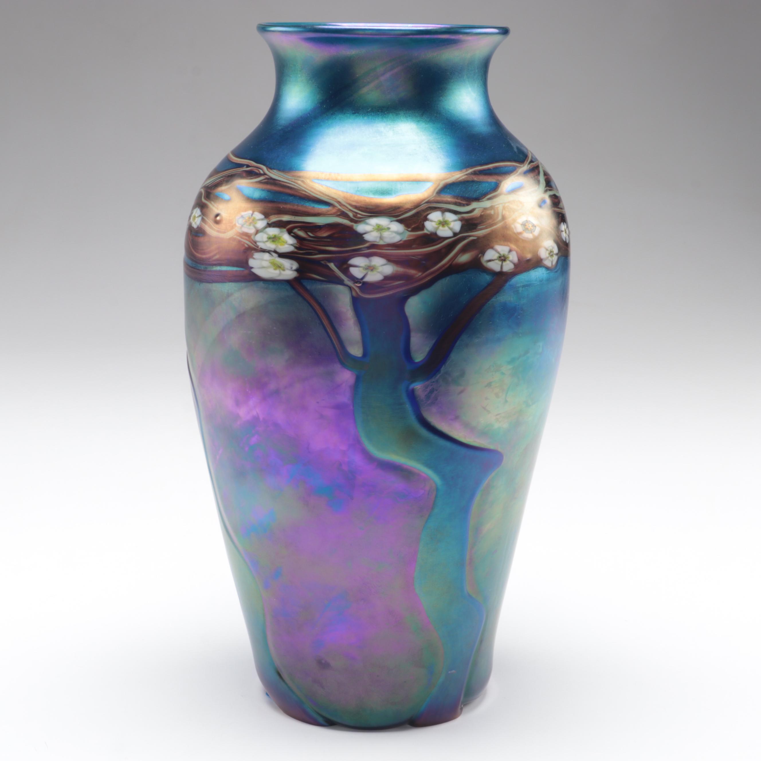 Joseph Morel for Zellique "Hawthorn Tree" Iridescent with Murrine Art Glass Vase