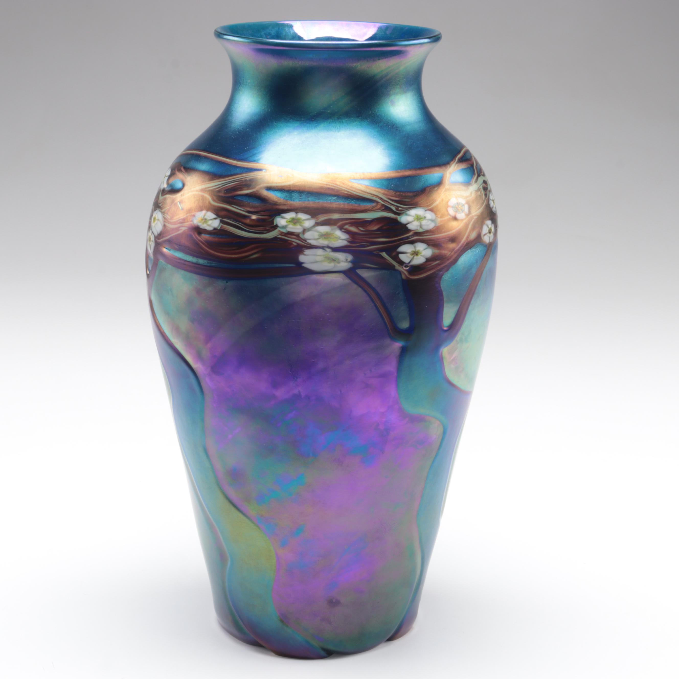 Joseph Morel for Zellique "Hawthorn Tree" Iridescent with Murrine Art Glass Vase
