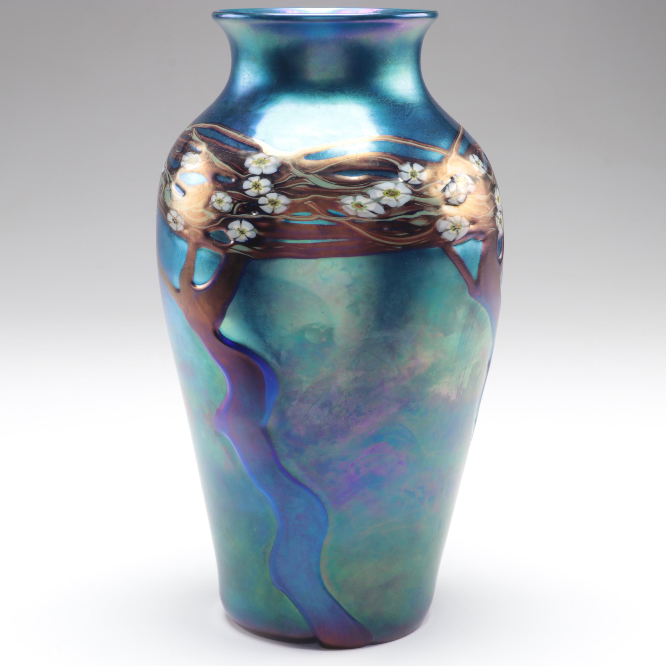 Joseph Morel for Zellique "Hawthorn Tree" Iridescent with Murrine Art Glass Vase