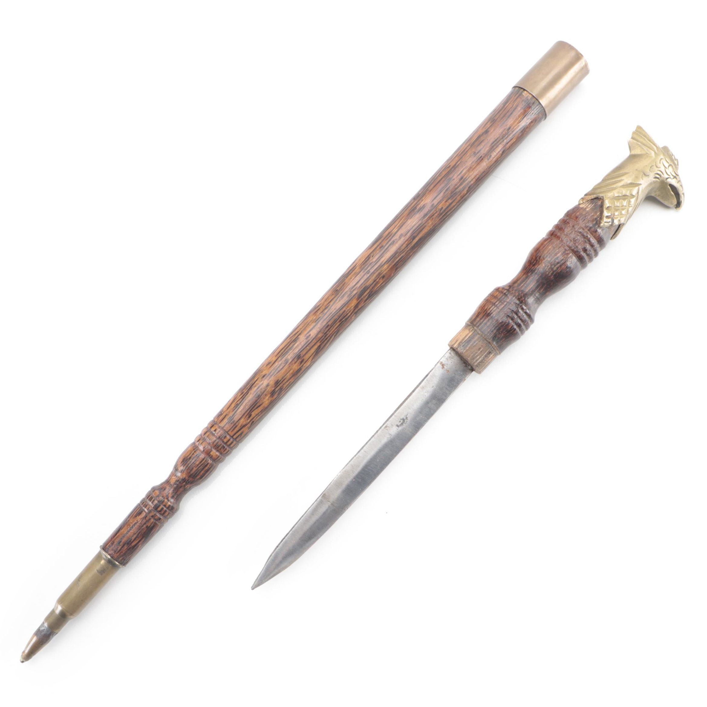 Trench Art Swagger Stick Knife with Brass Eagle Handle and Bullet Tip