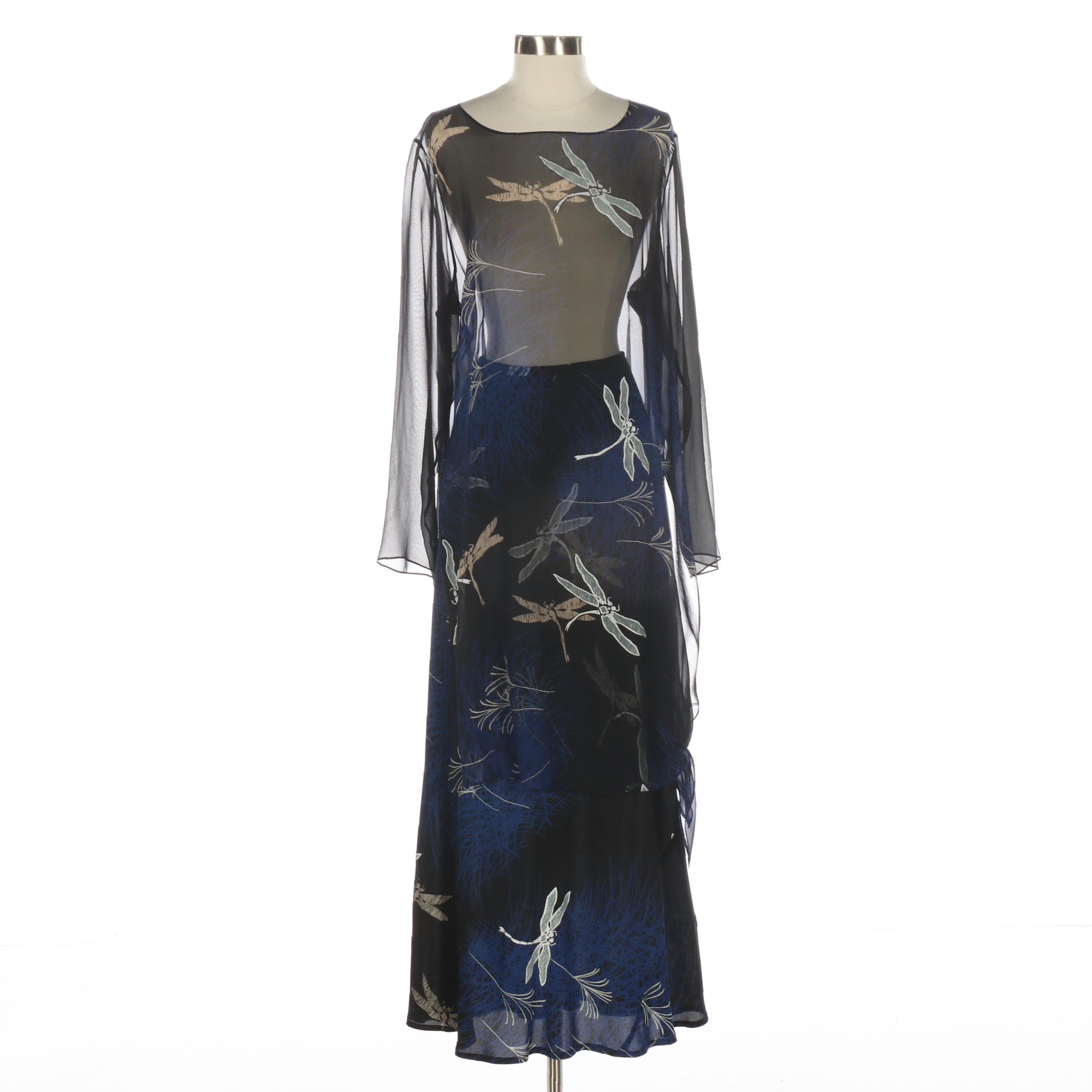 Harari Sheer Silk Two-Piece Skirt Set in Dragonfly Print