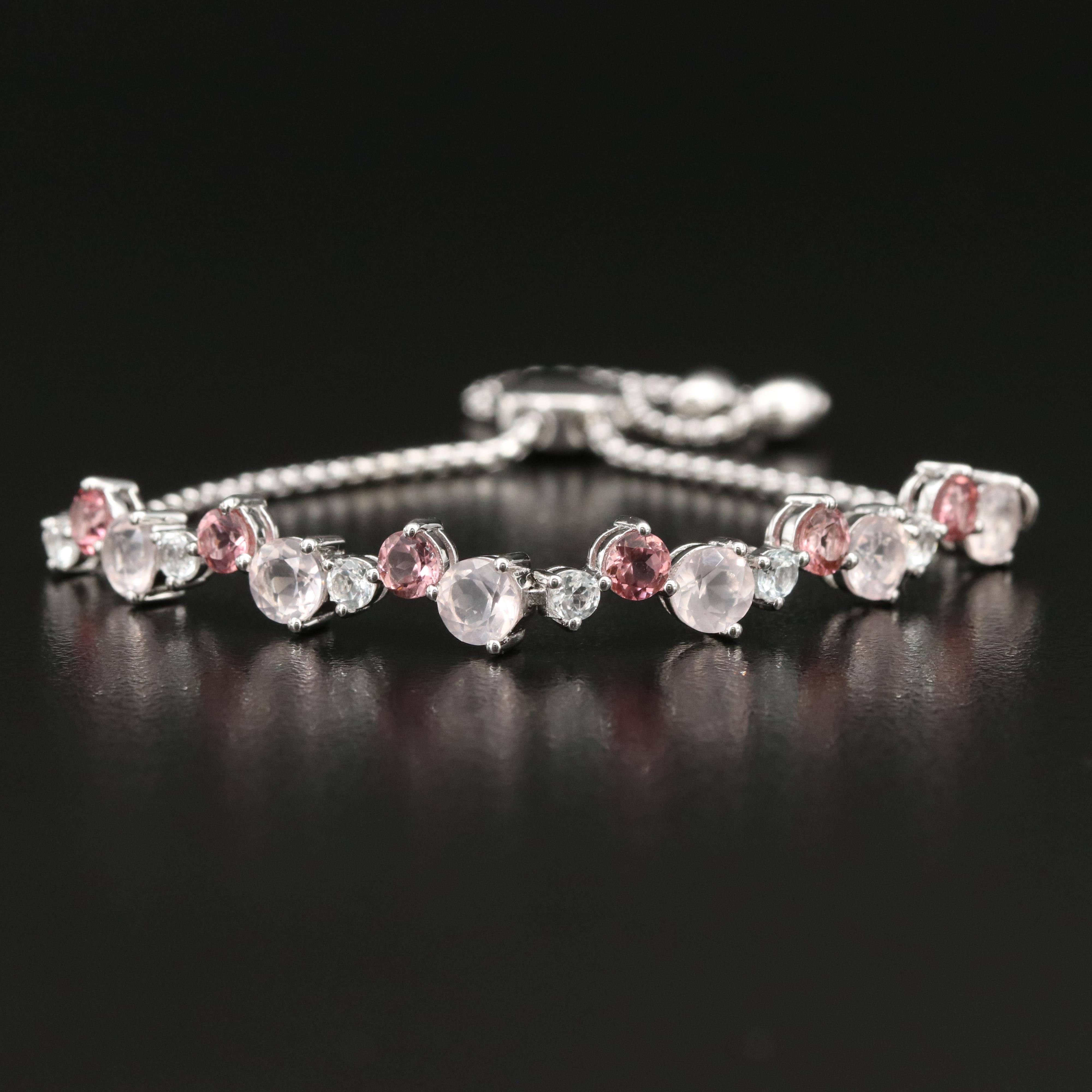 Sterling Rose Quartz, Tourmaline and Topaz Bolo Bracelet