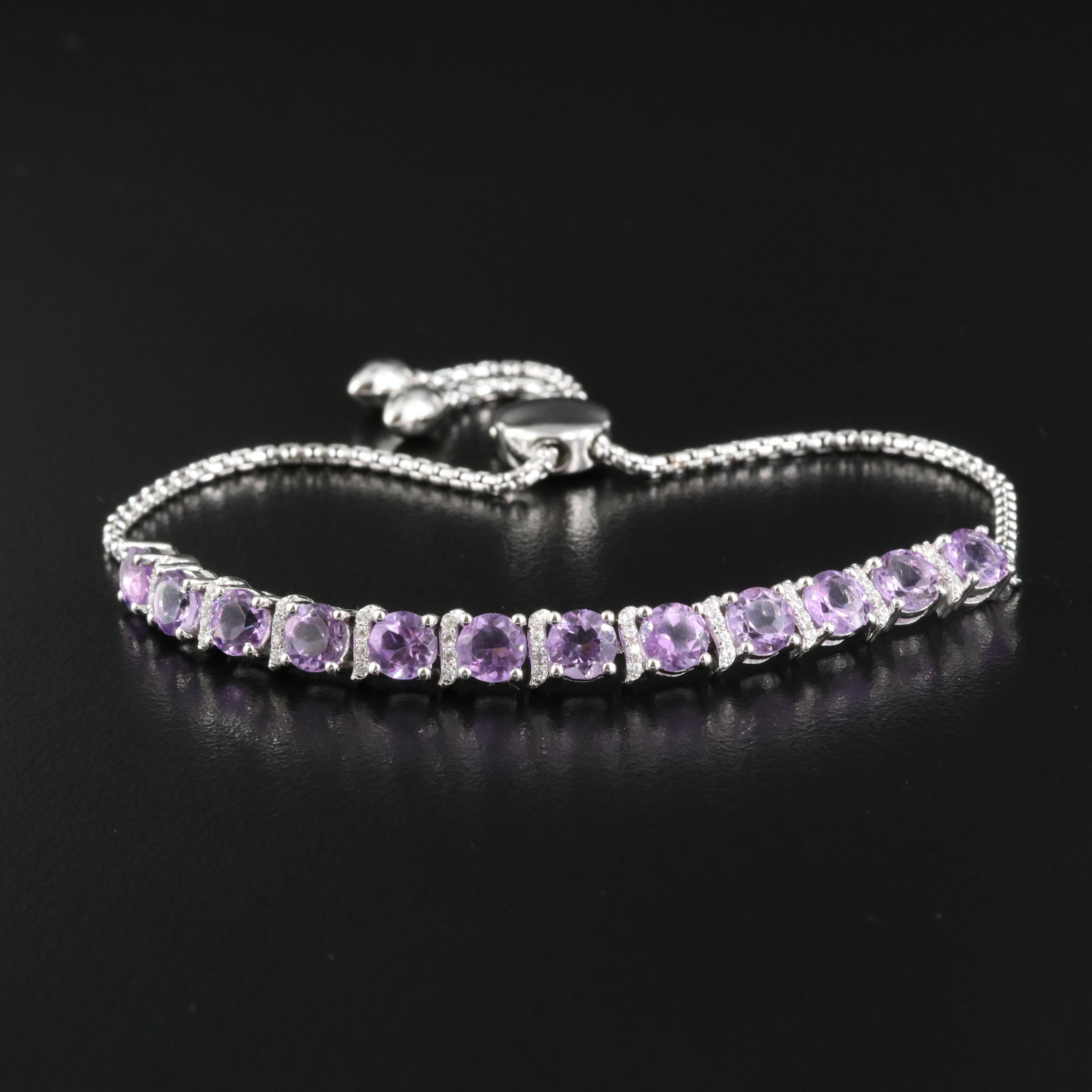 Sterling Amethyst and Cubic Zirconia Bolo Bracelet
