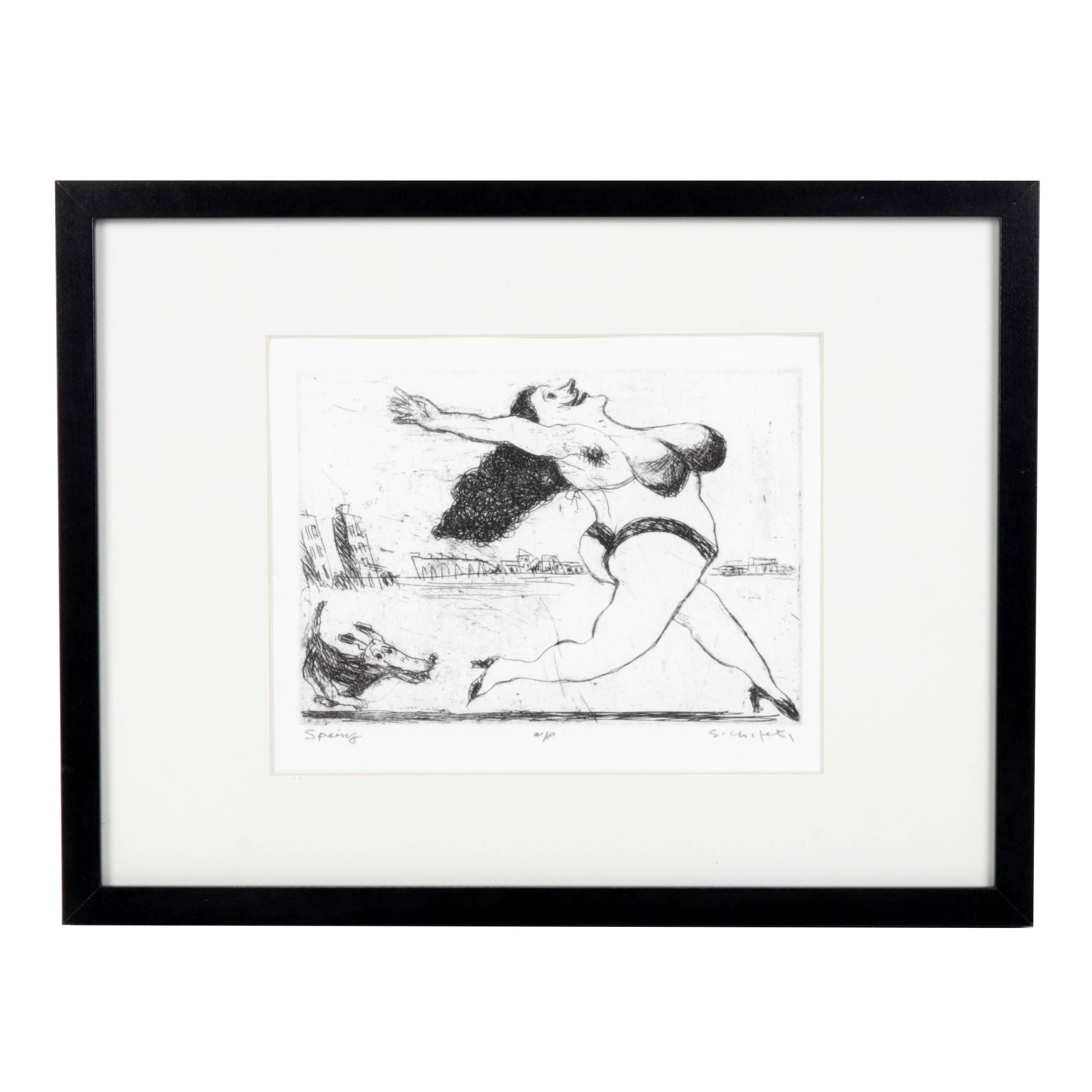 Sidney Chafetz Caricature Etching "Spring," Mid-Late 20th Century