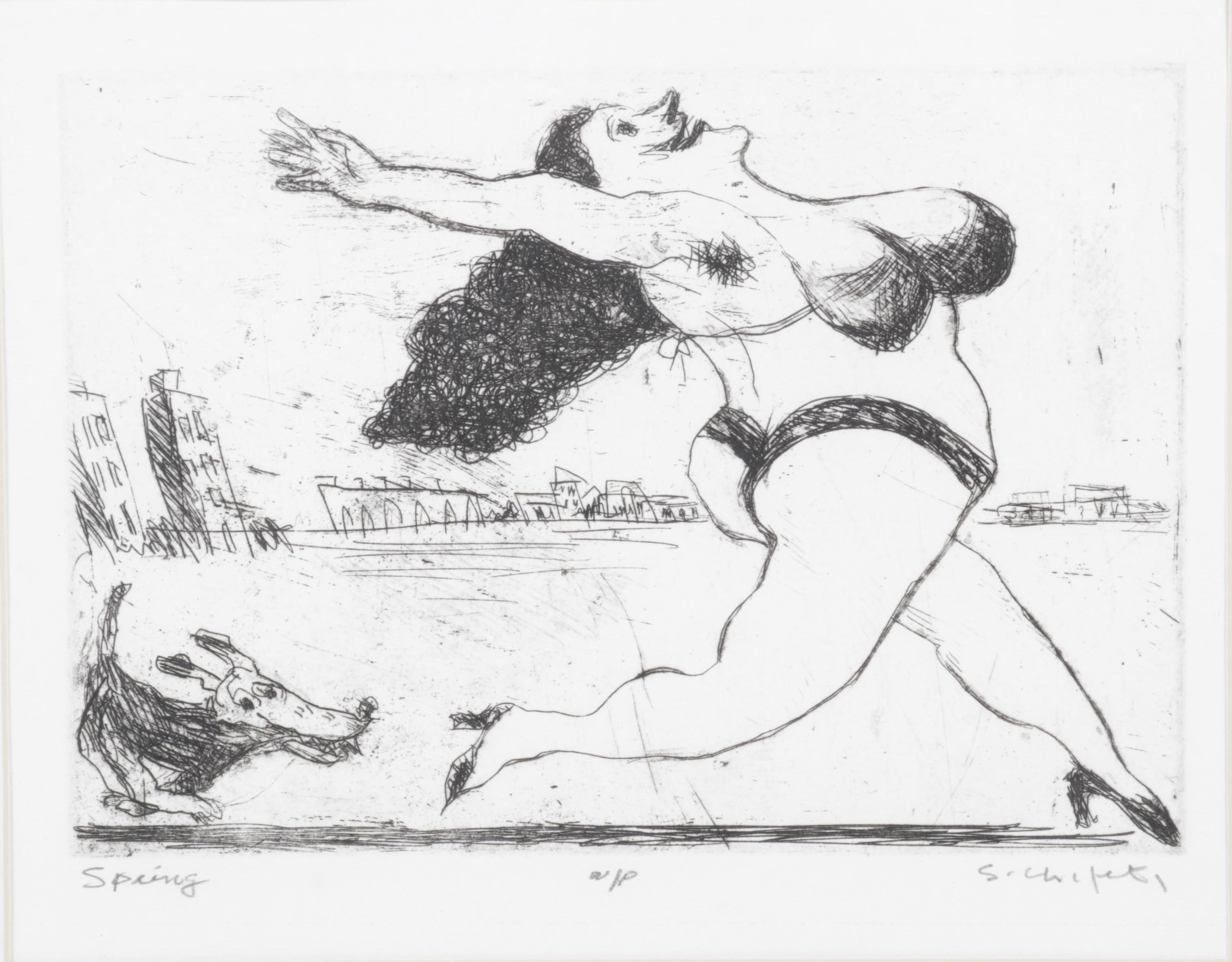 Sidney Chafetz Caricature Etching "Spring," Mid-Late 20th Century