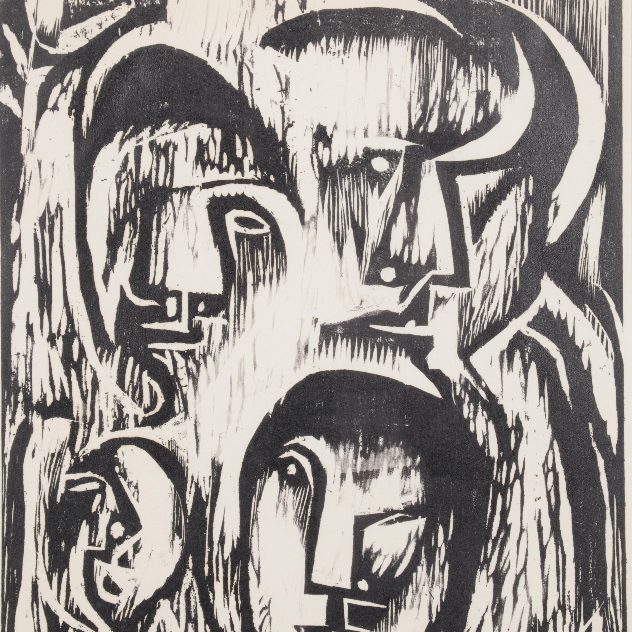 Sidney Chafetz Modernist Woodcut "Family," 1951