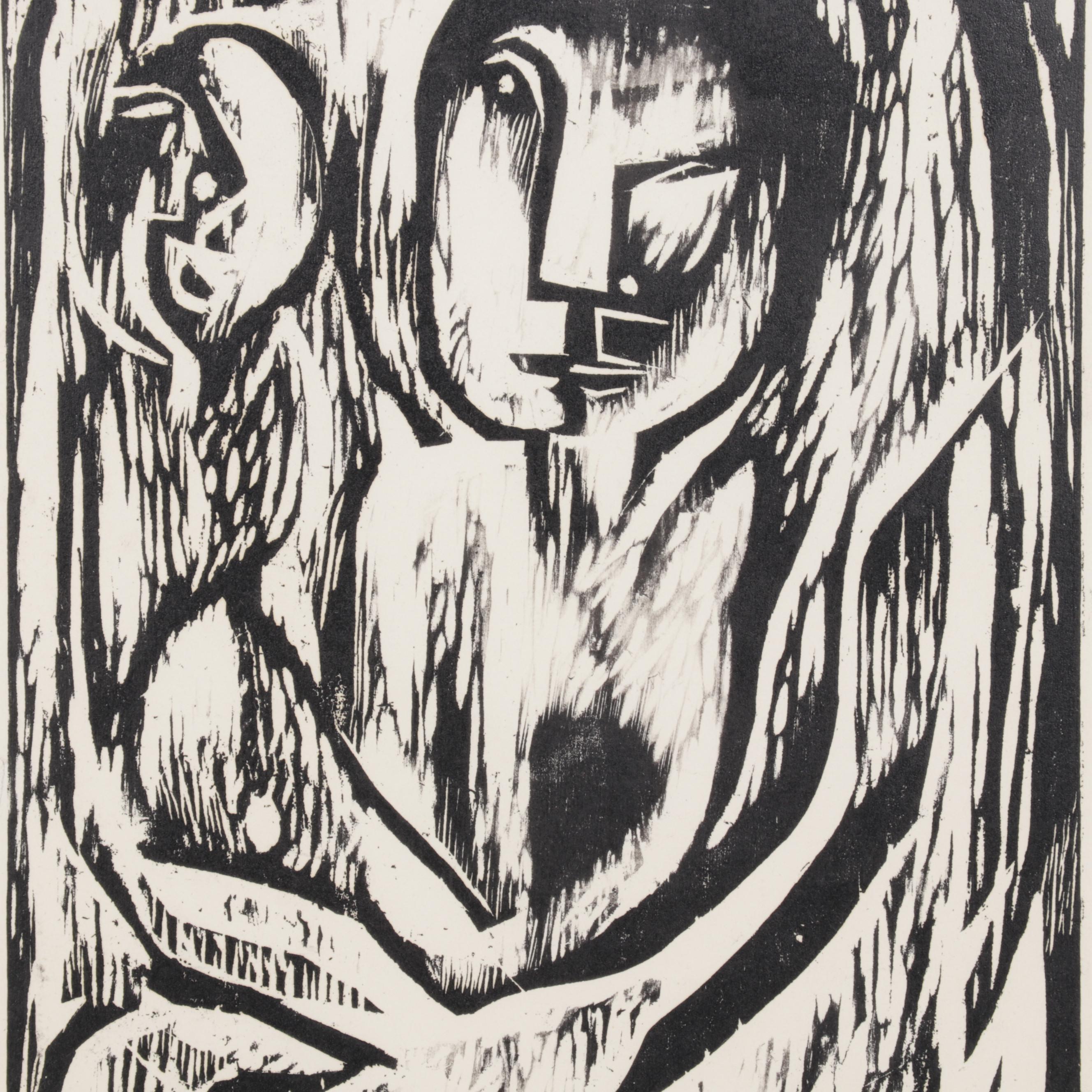 Sidney Chafetz Modernist Woodcut "Family," 1951