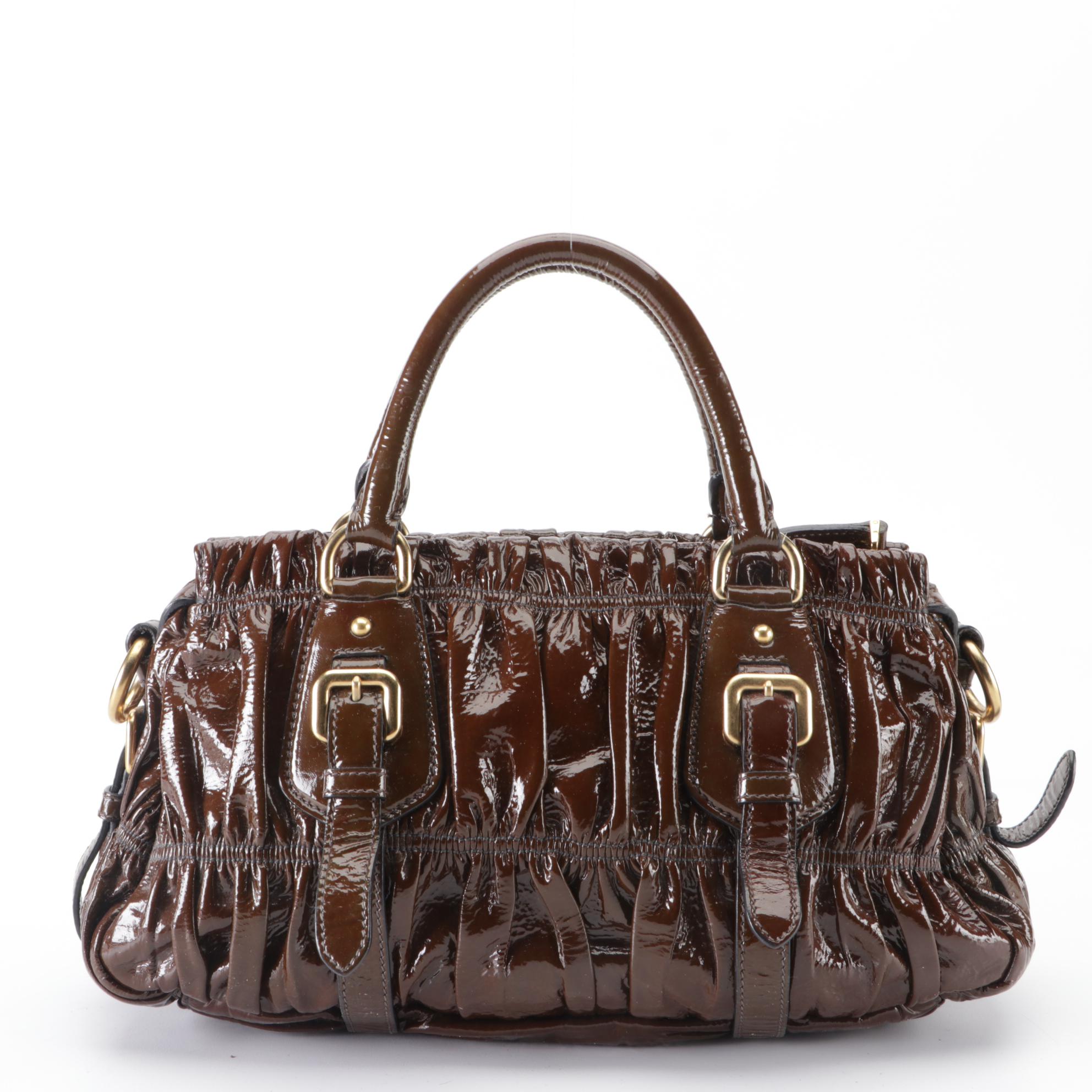 Prada Top Handle Satchel BN1338 in Hematite Vernice Gaufré Leather