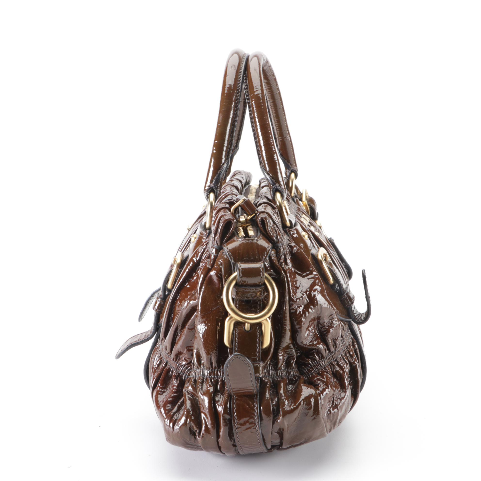 Prada Top Handle Satchel BN1338 in Hematite Vernice Gaufré Leather