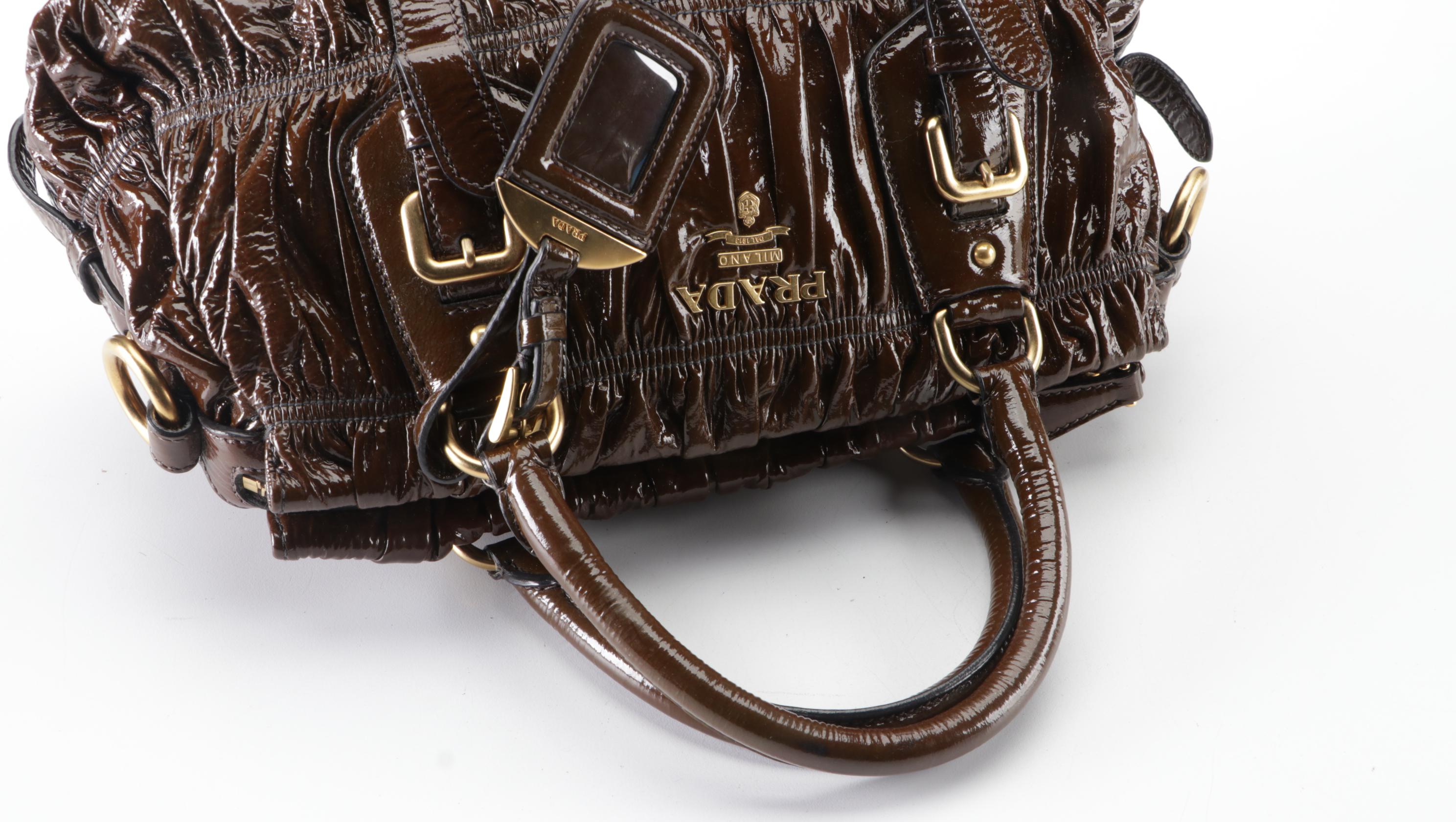 Prada Top Handle Satchel BN1338 in Hematite Vernice Gaufré Leather