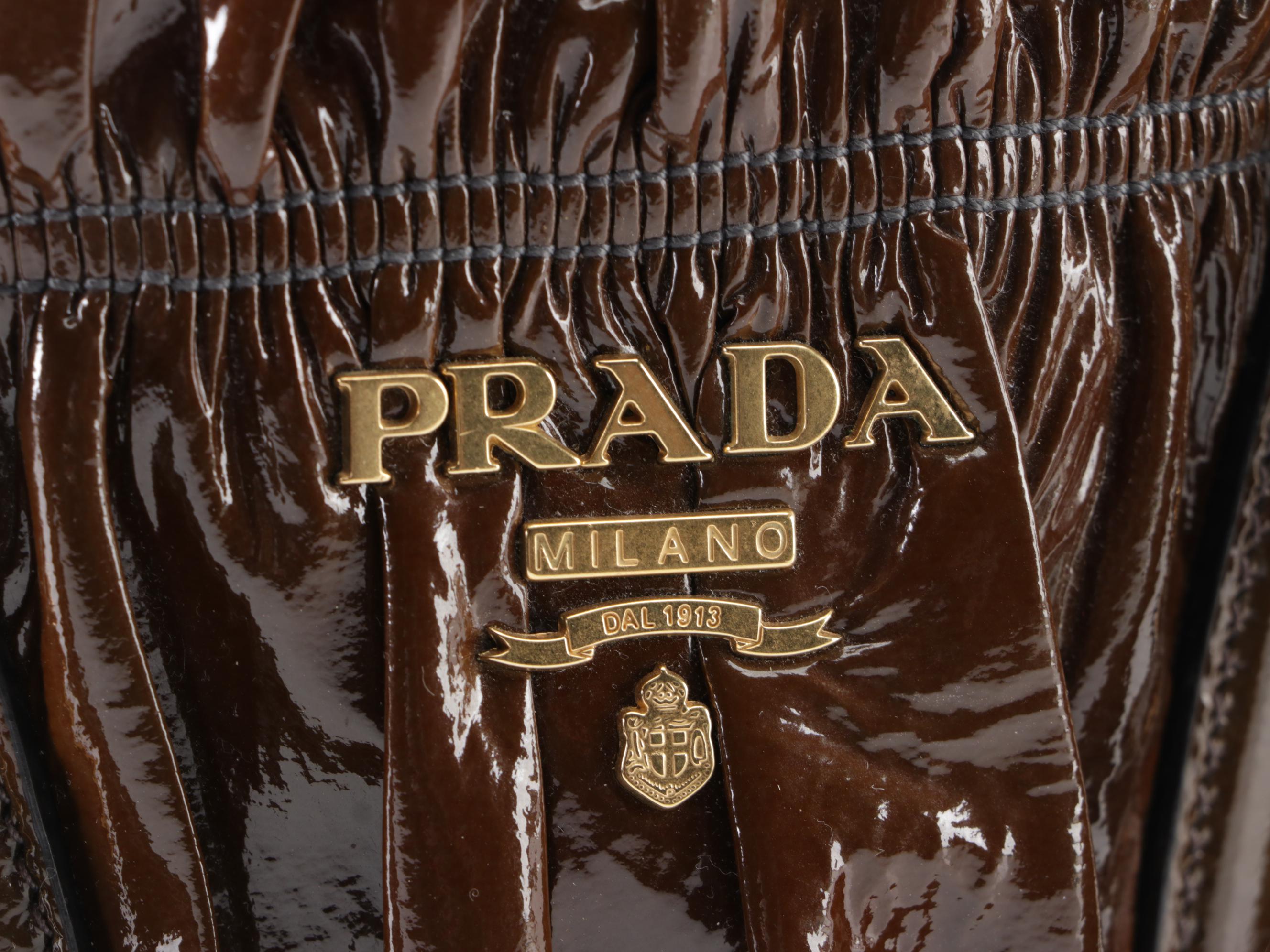 Prada Top Handle Satchel BN1338 in Hematite Vernice Gaufré Leather