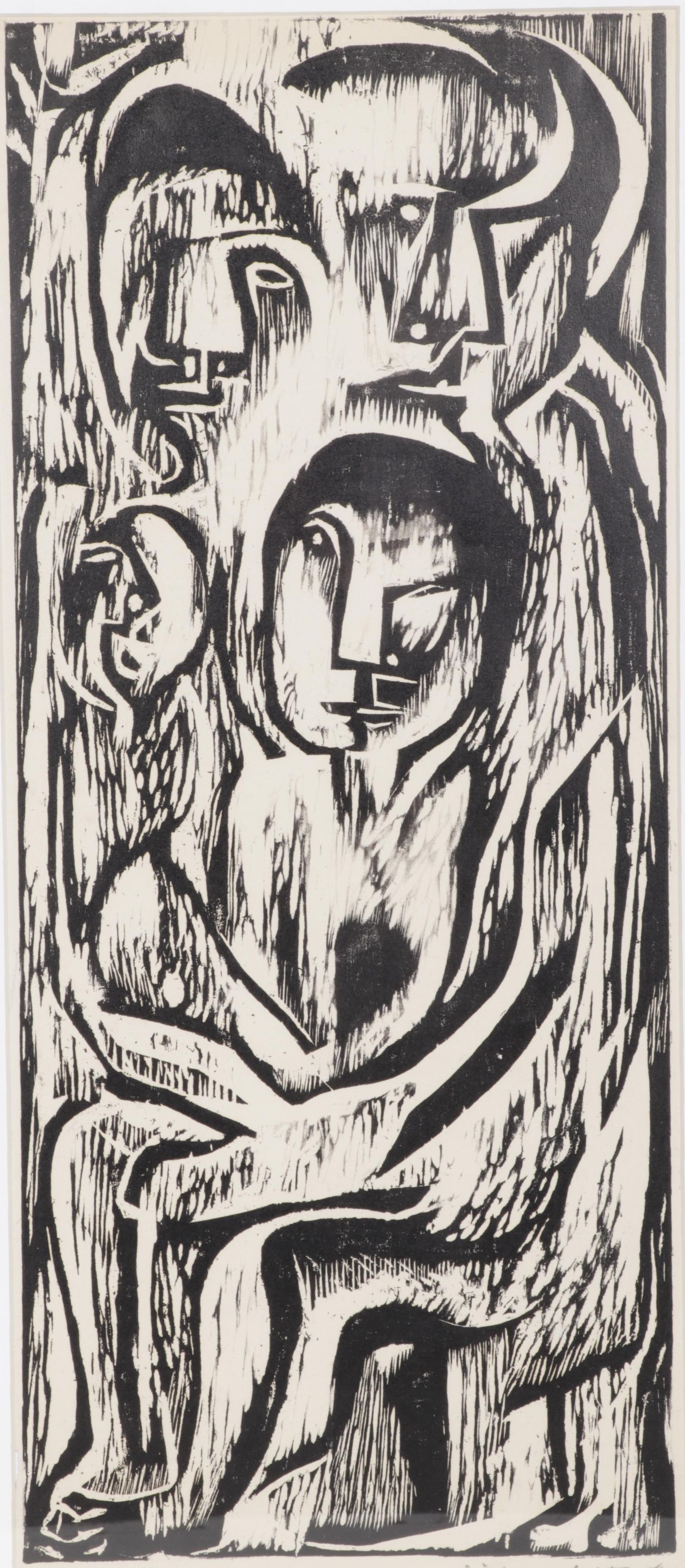 Sidney Chafetz Modernist Woodcut "Family," 1951