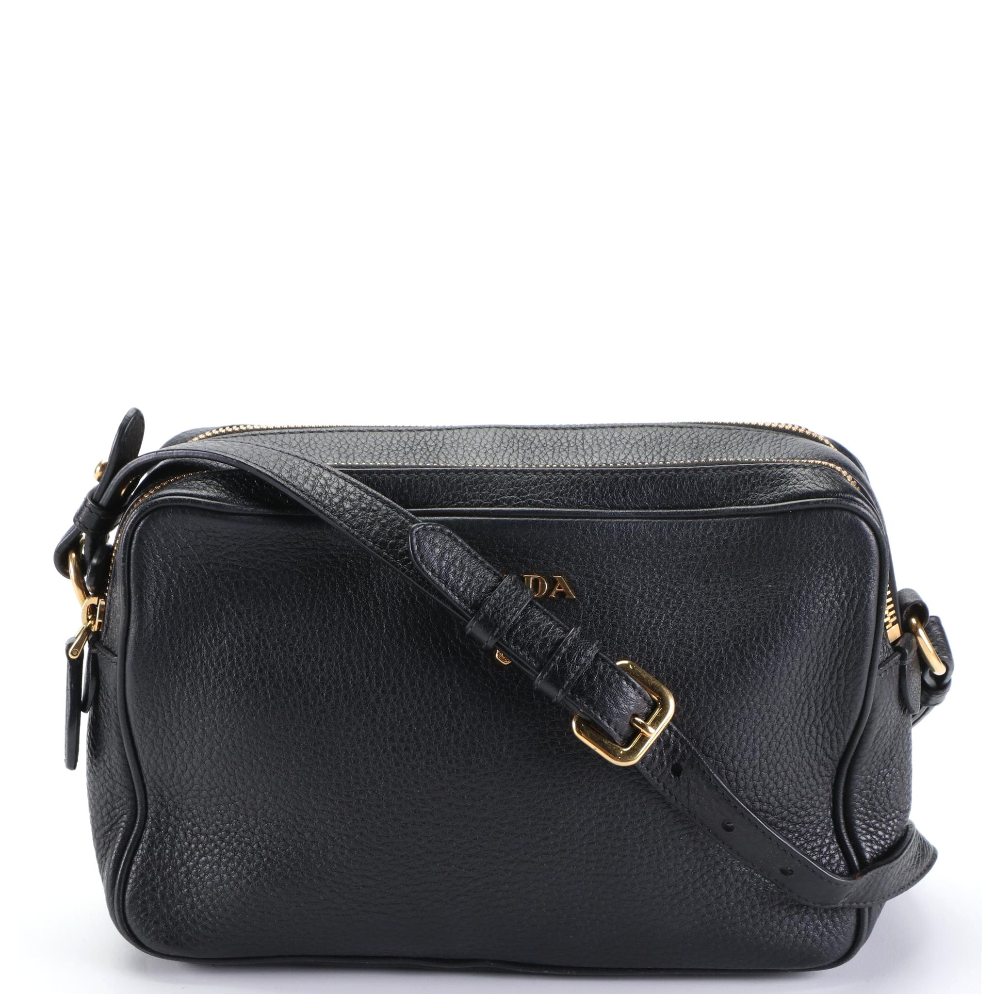 Prada Double Zip Crossbody Bag in Black Vitello Phenix Leather