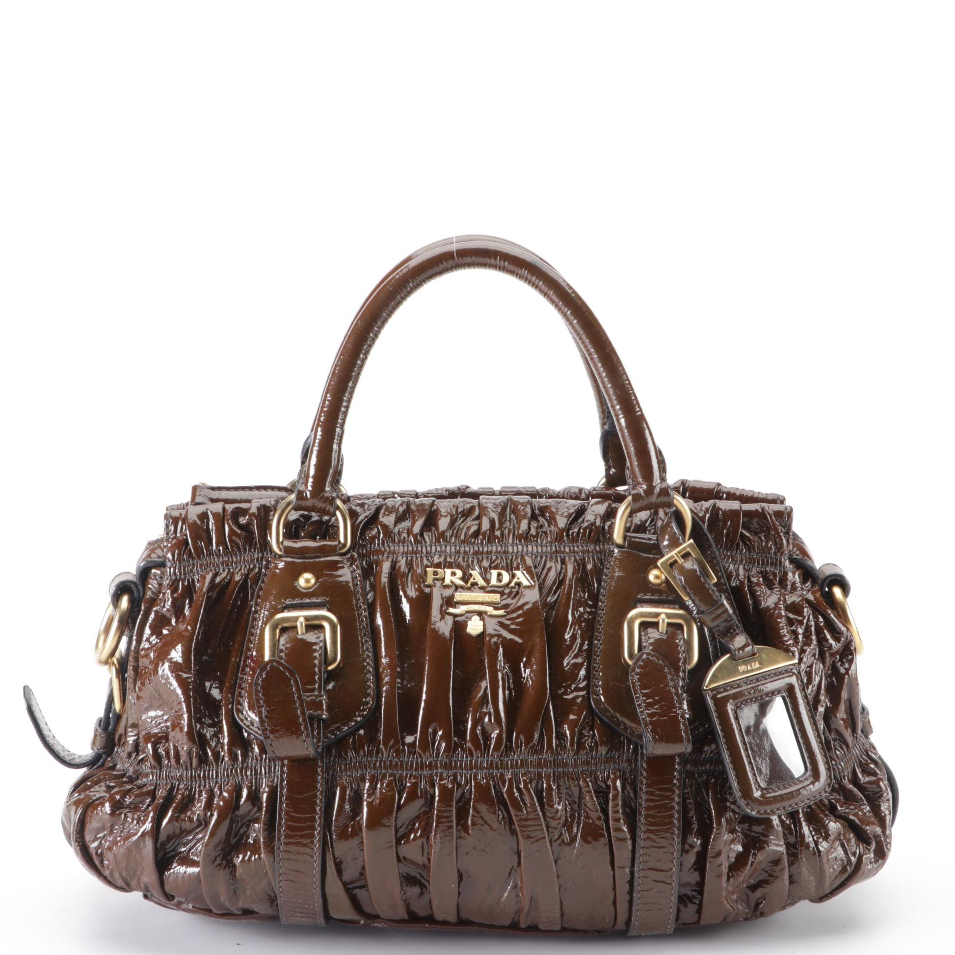 Prada Top Handle Satchel BN1338 in Hematite Vernice Gaufré Leather