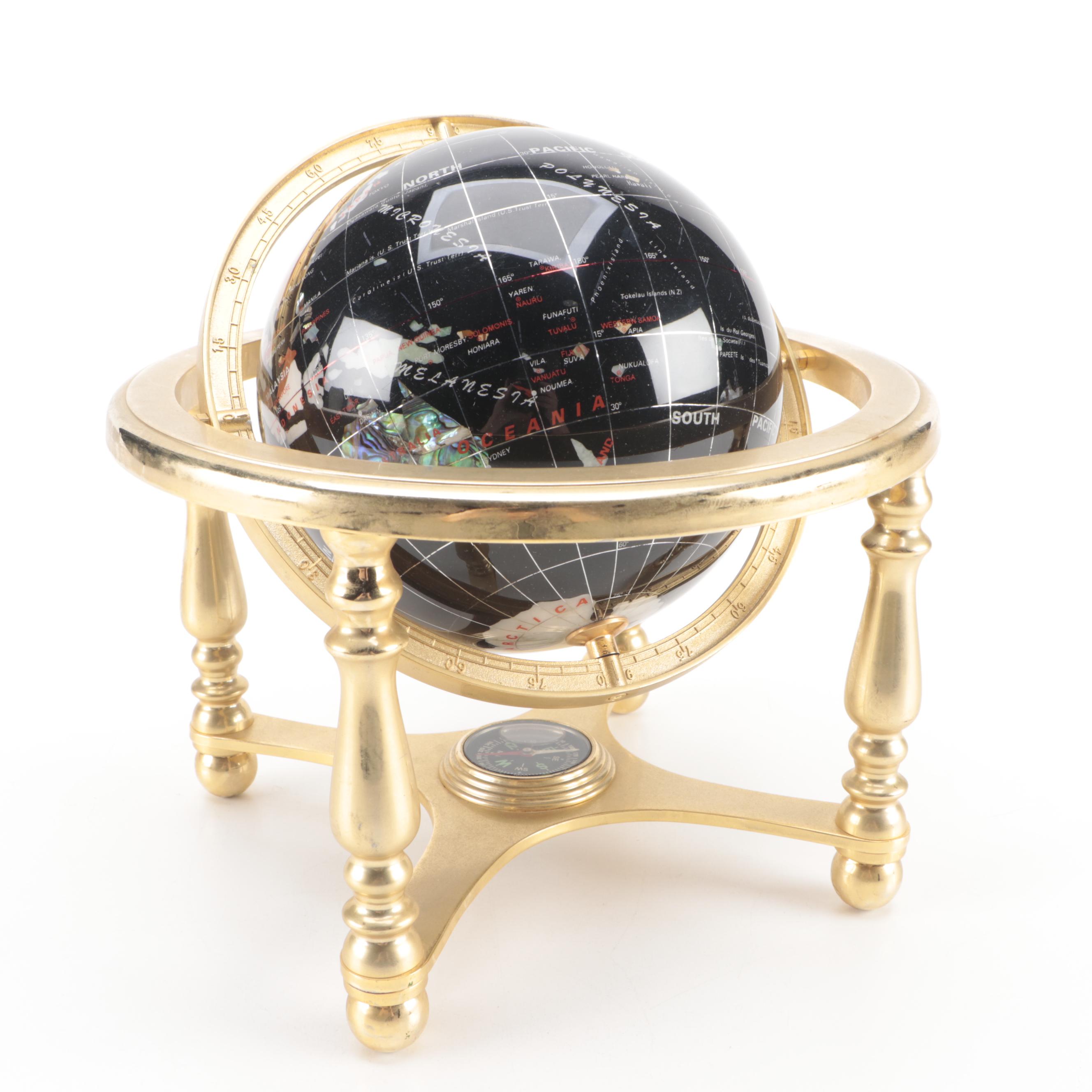 Gemstone Inlaid Globe on Brass Stand