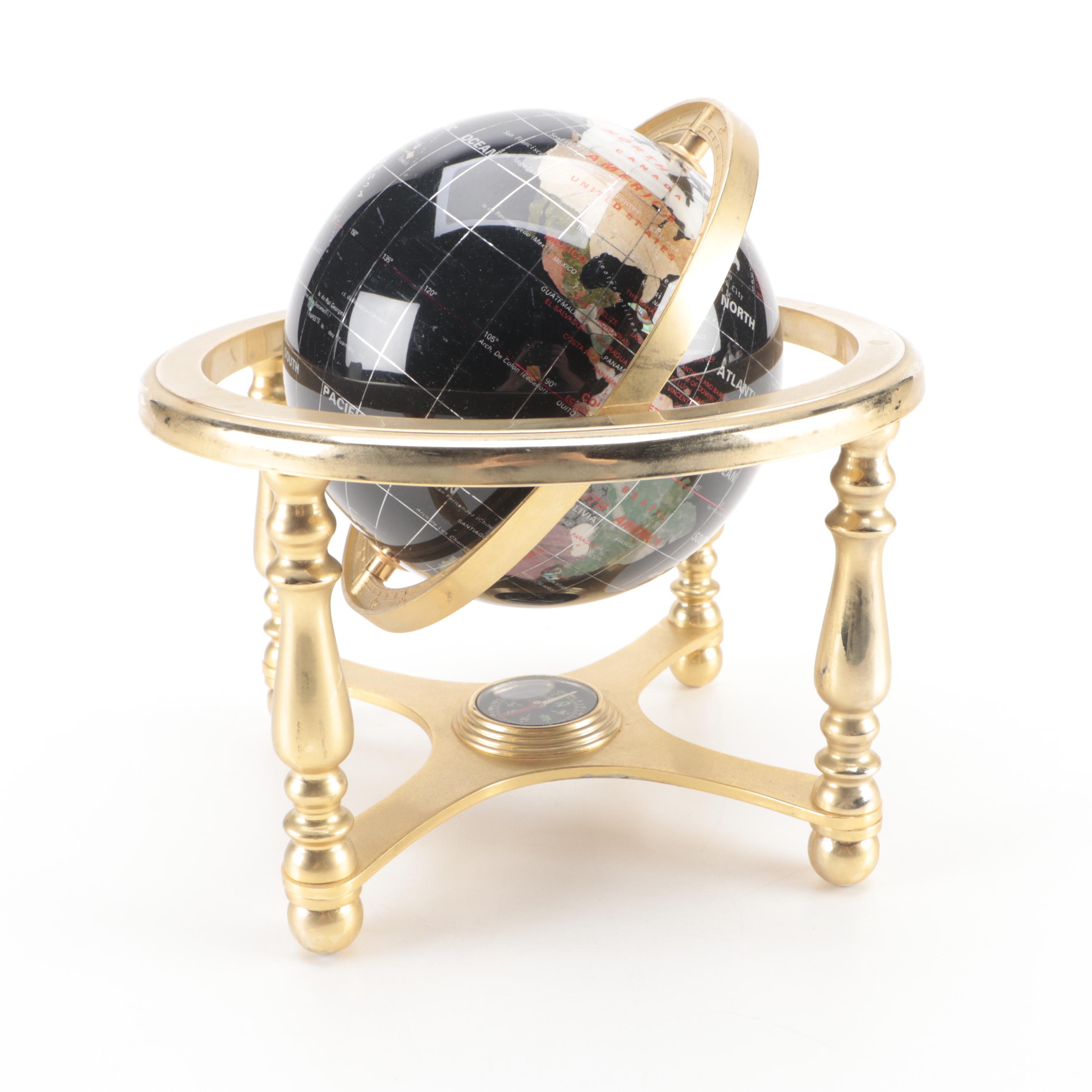 Gemstone Inlaid Globe on Brass Stand