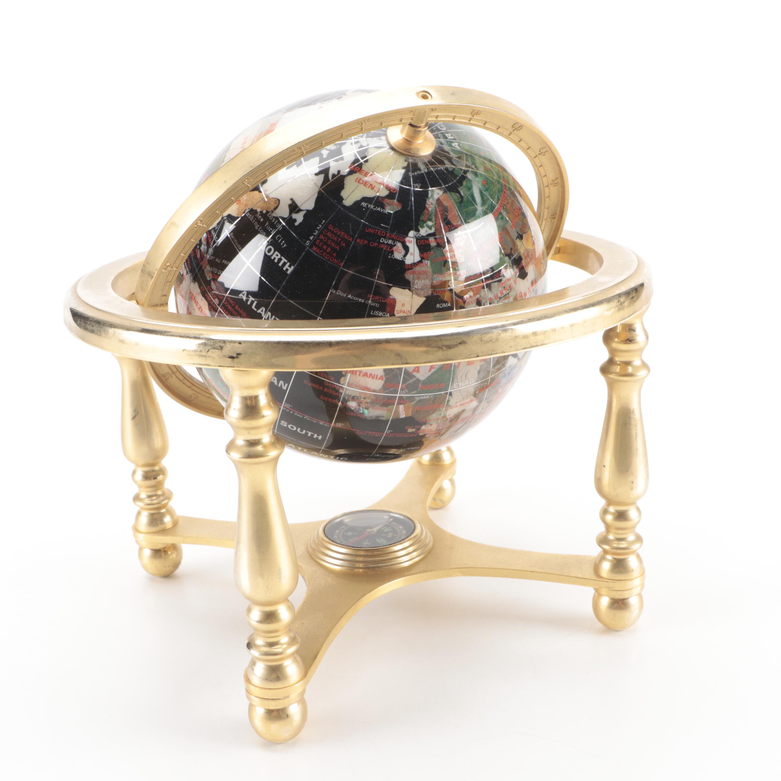 Gemstone Inlaid Globe on Brass Stand