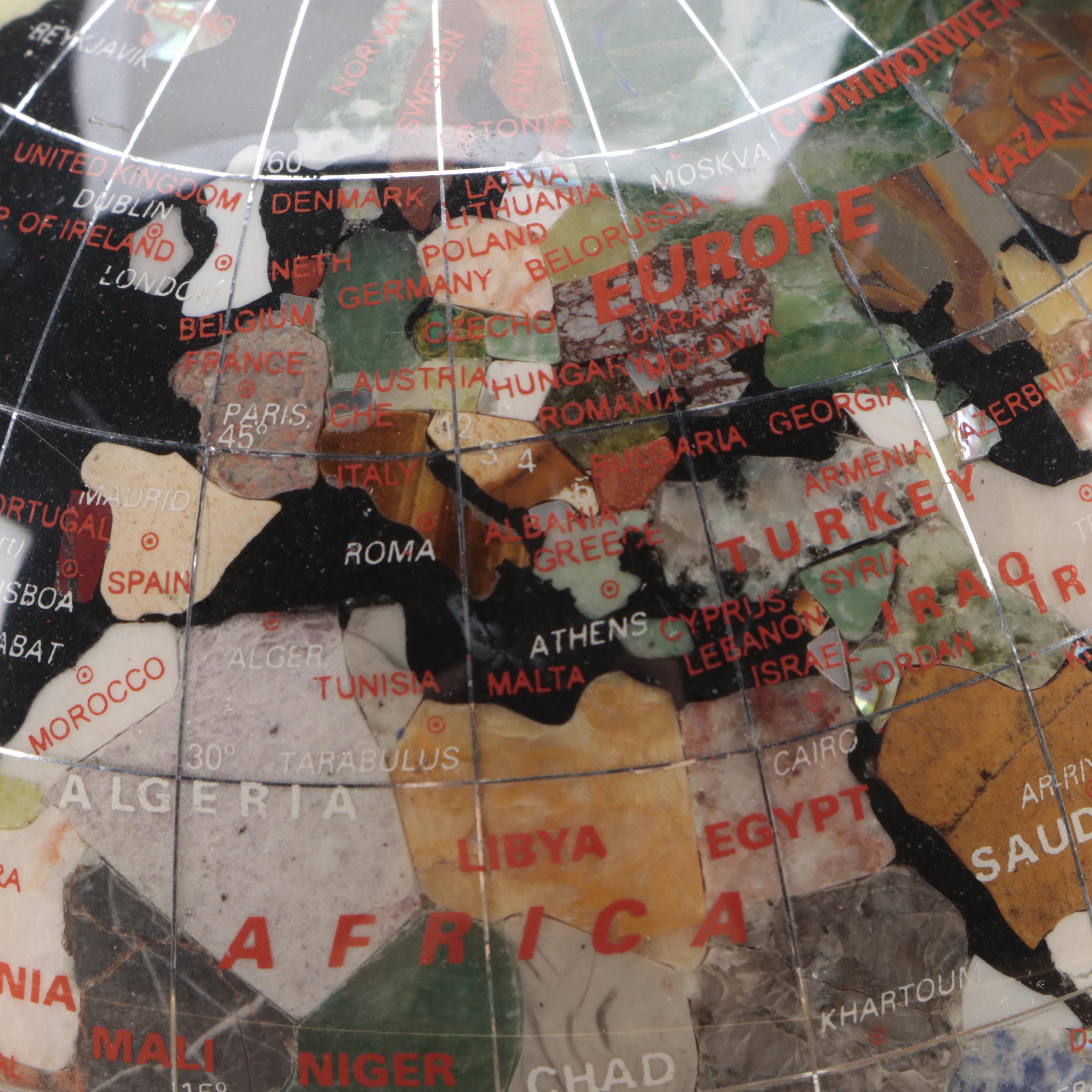 Gemstone Inlaid Globe on Brass Stand