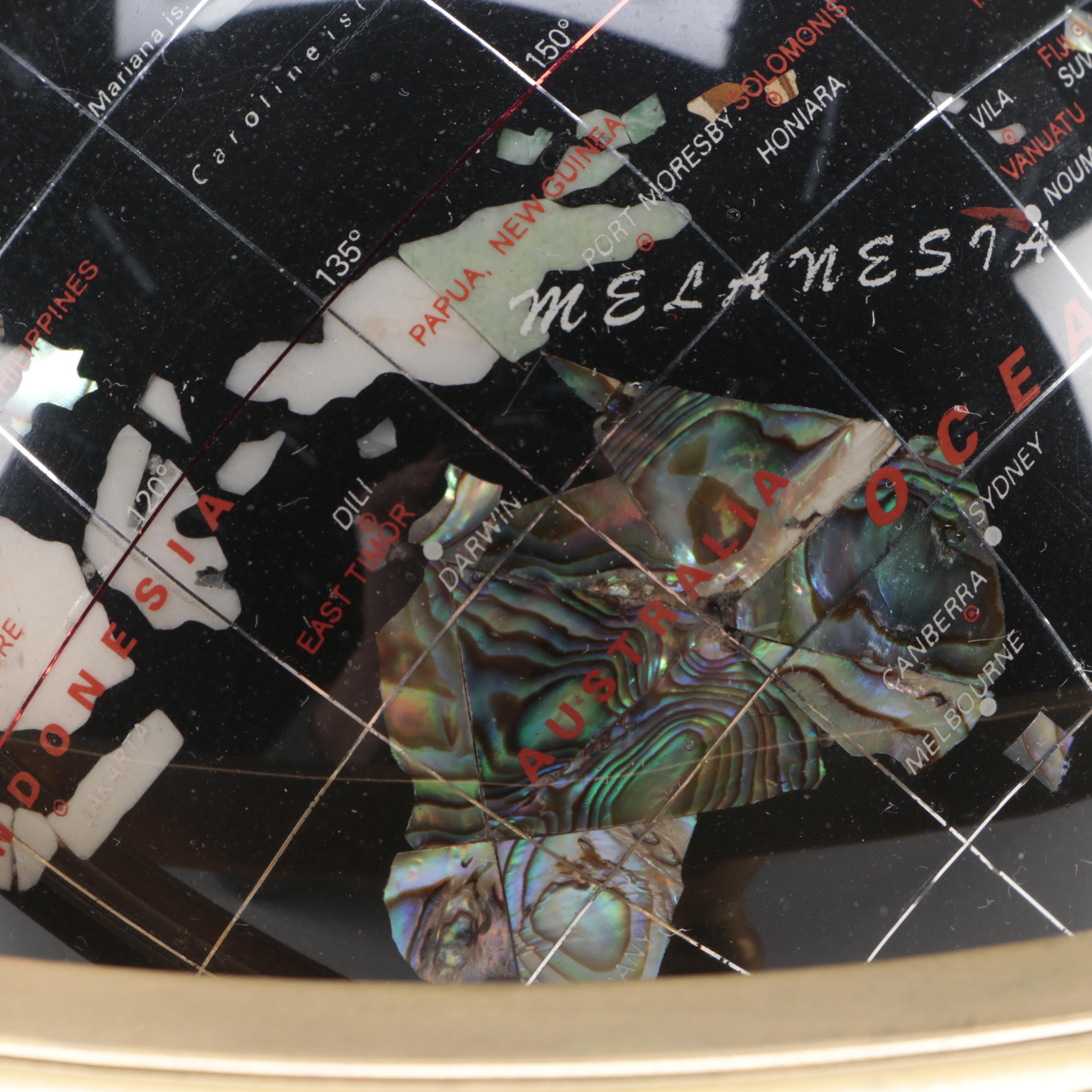 Gemstone Inlaid Globe on Brass Stand