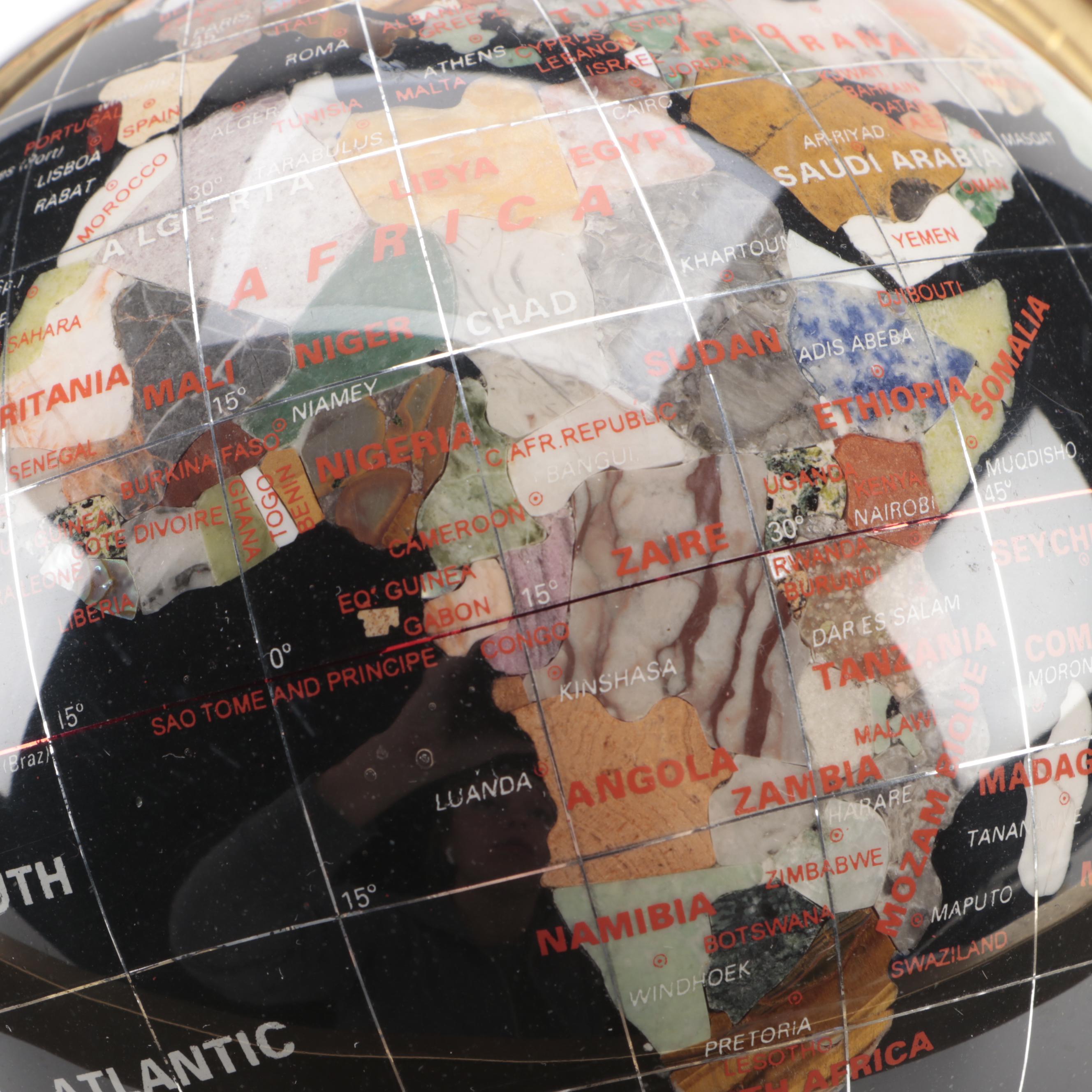 Gemstone Inlaid Globe on Brass Stand