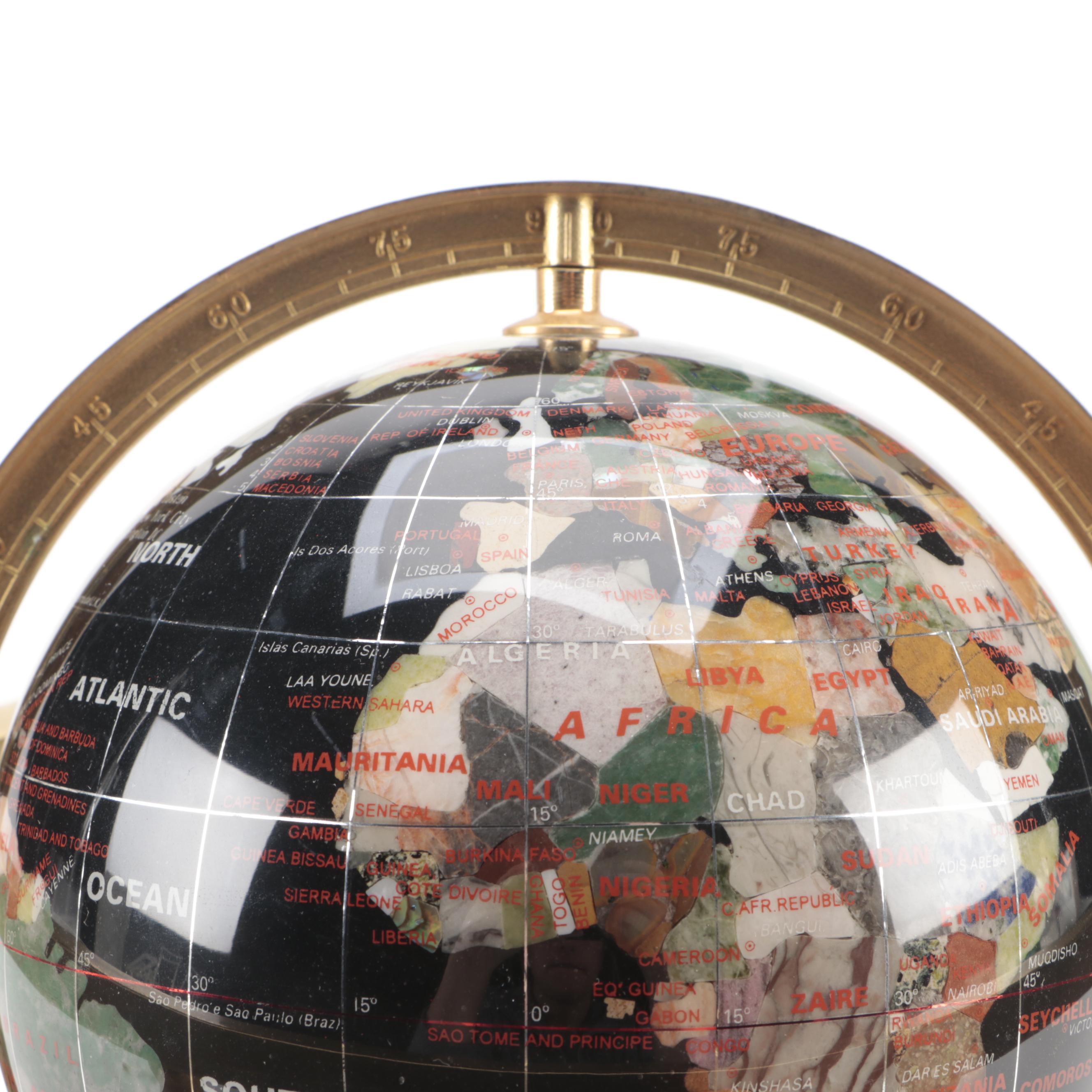 Gemstone Inlaid Globe on Brass Stand