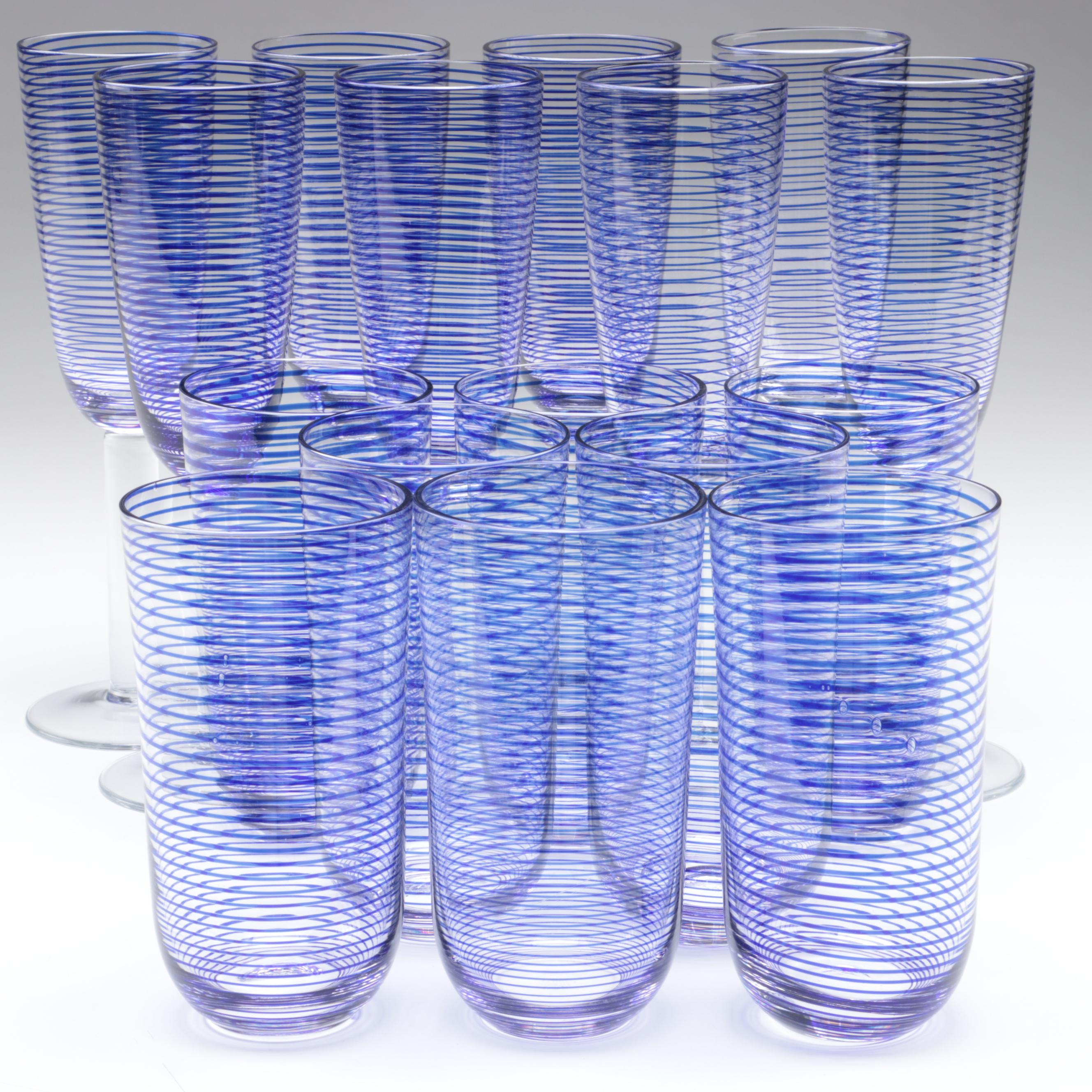 Blue Stripe Glass Champagne Flutes and Tumblers