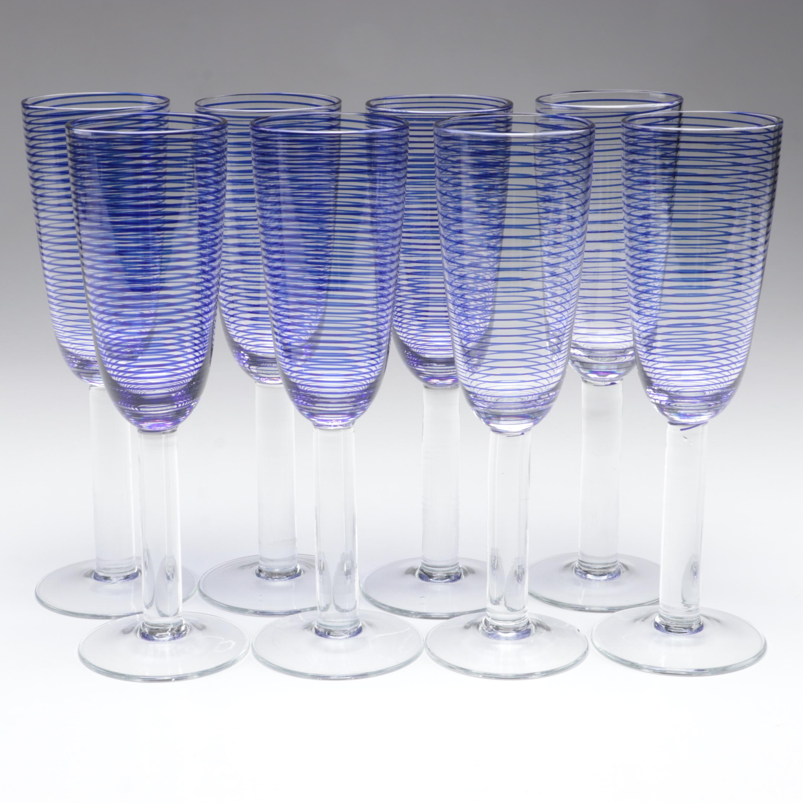 Blue Stripe Glass Champagne Flutes and Tumblers