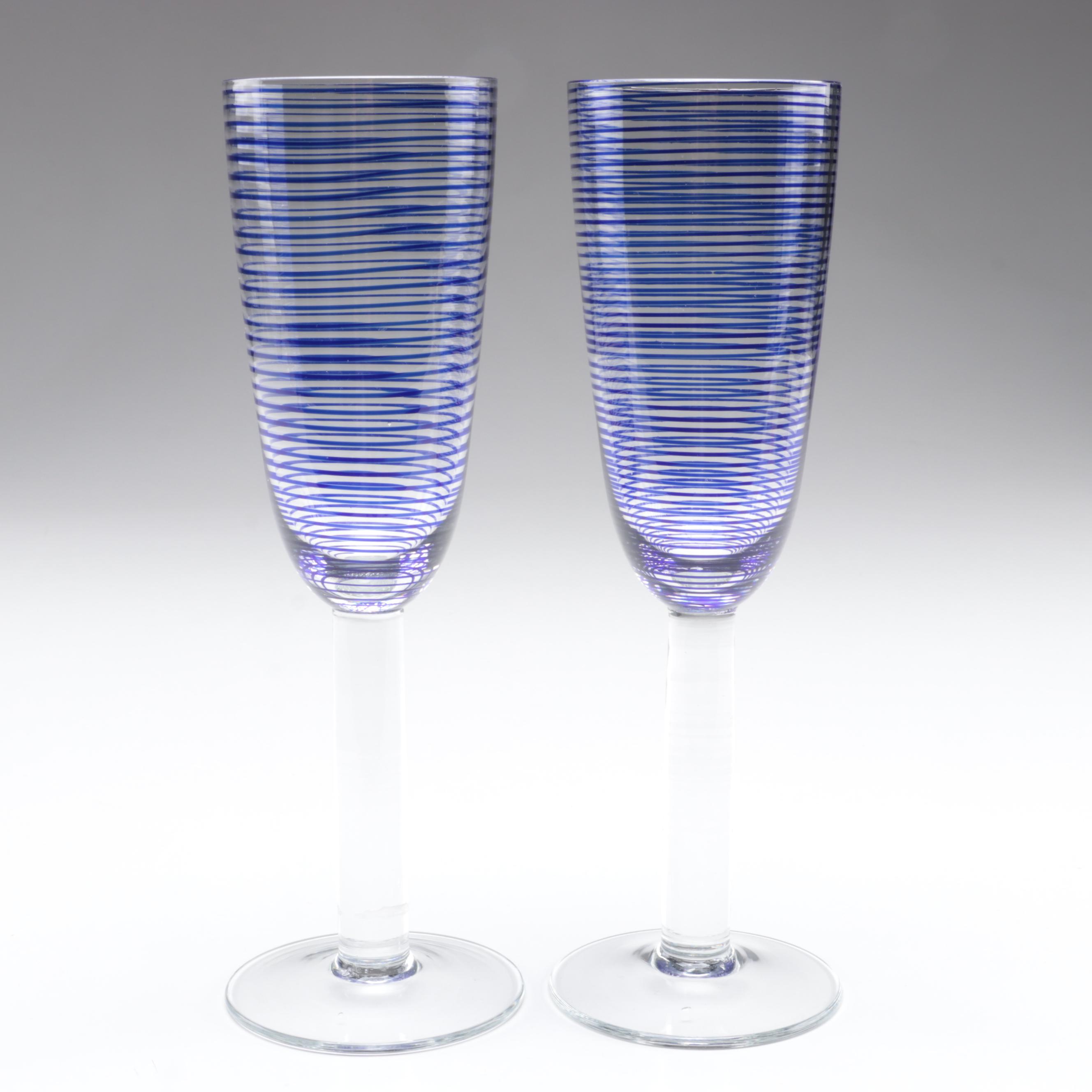 Blue Stripe Glass Champagne Flutes and Tumblers