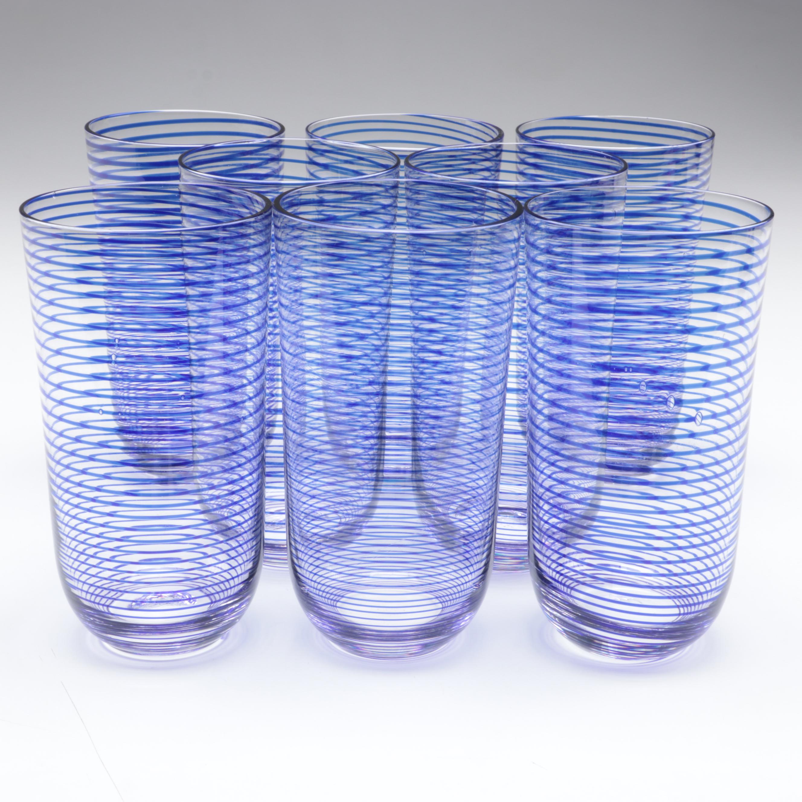 Blue Stripe Glass Champagne Flutes and Tumblers